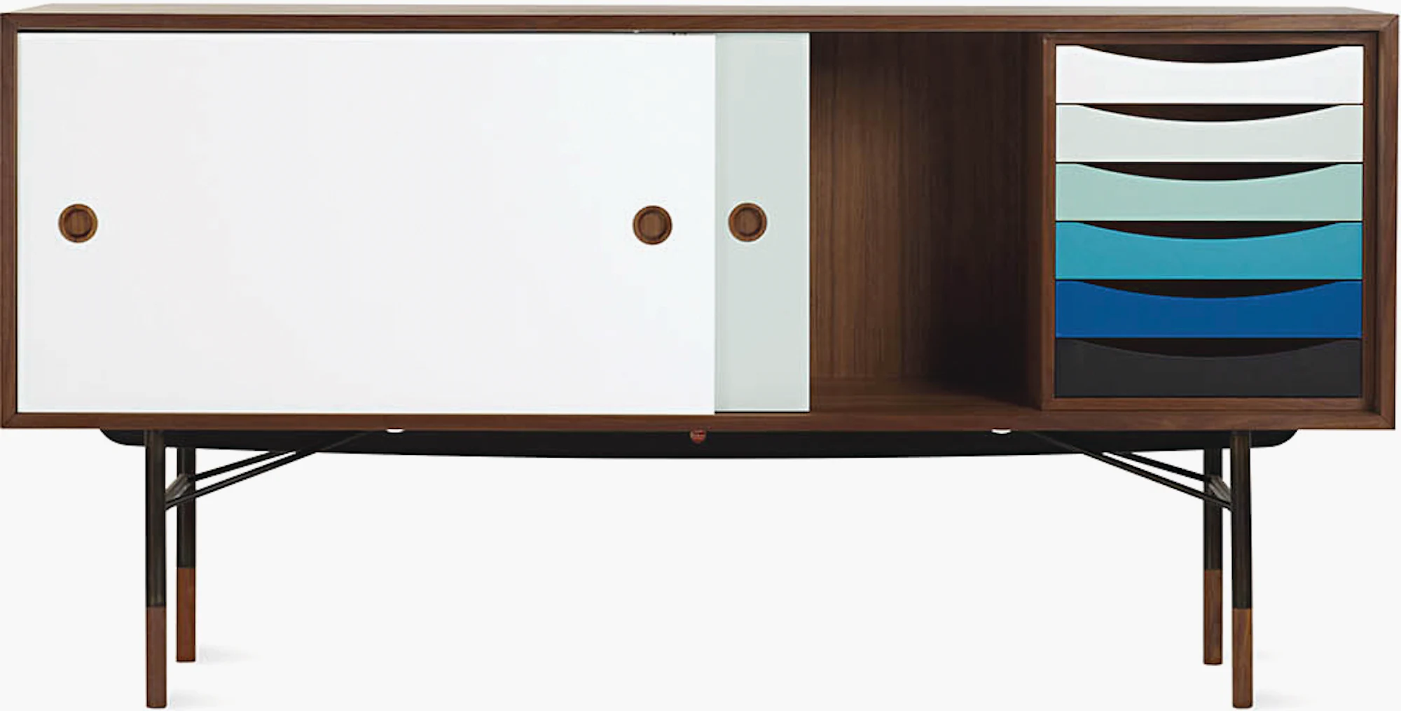 Front view of walnut credenza with white and multicolor drawer compartments