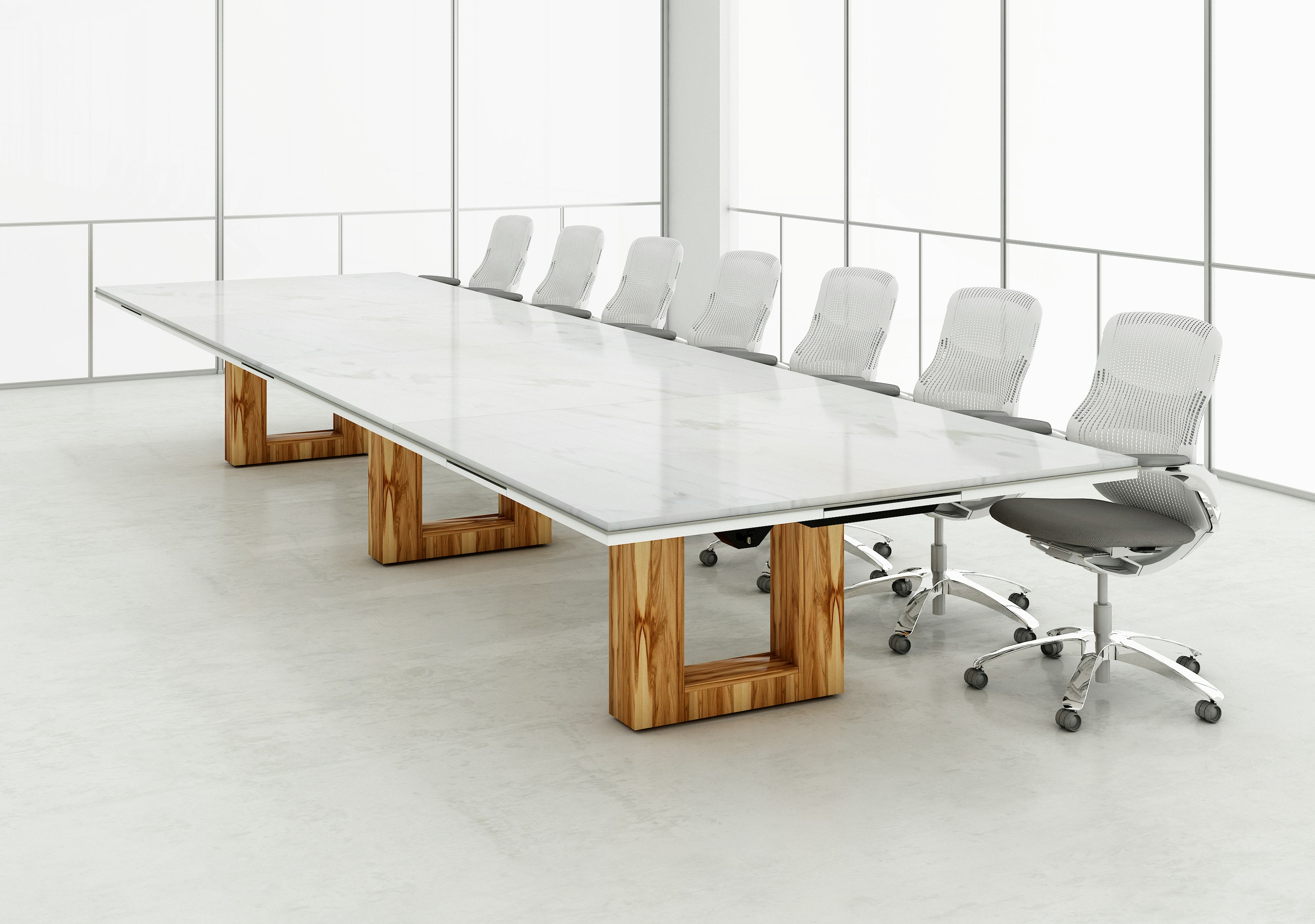 Highline 50 Conference Table with technology drawer in a Conference Room setting with conference chairs on one side.