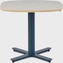 Small Passport Work Table with white surface, plywood edge and dark blue base shown on glides.