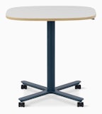 Large Passport Work Table with white surface, plywood edge, and blue base on casters.