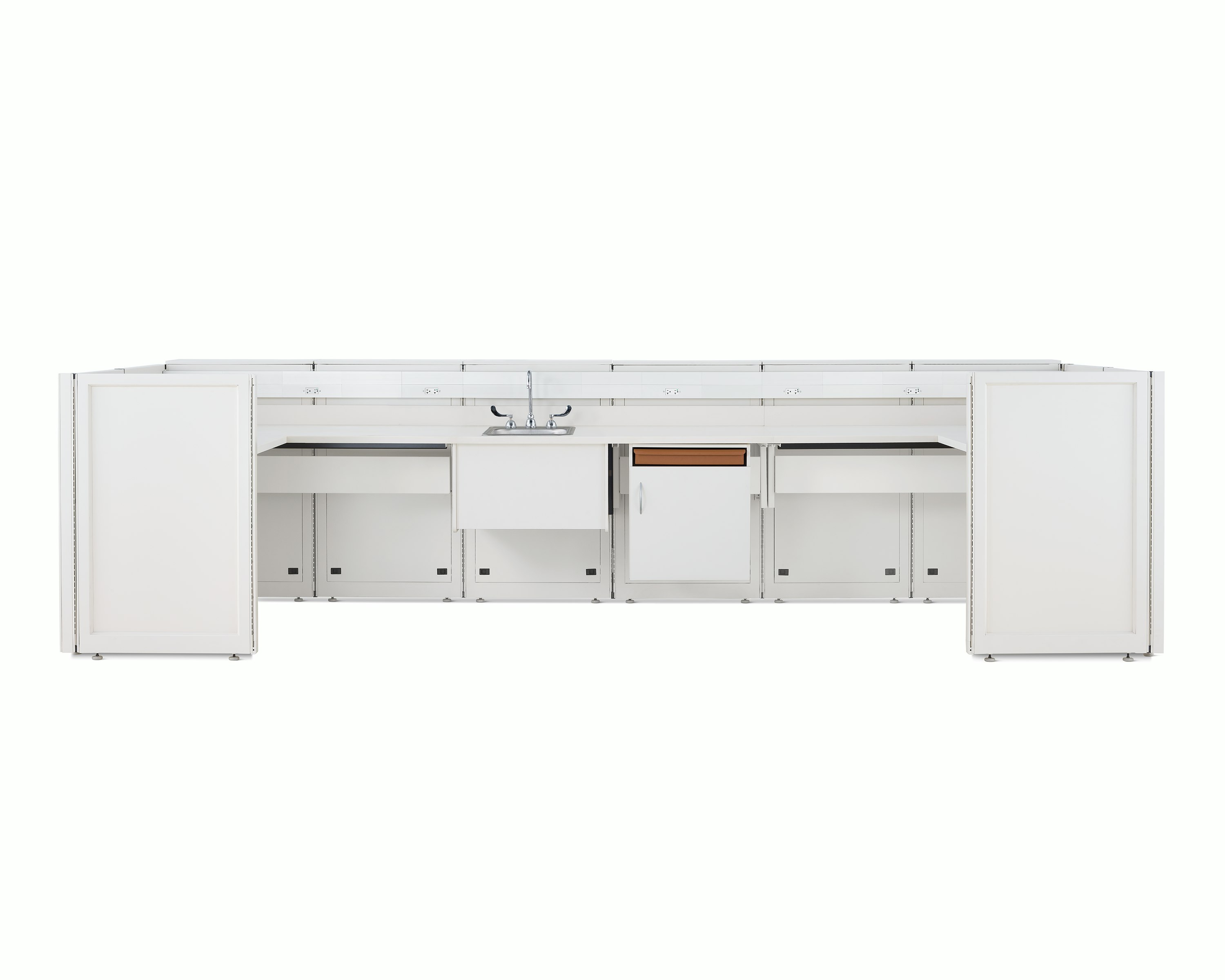 Co/Struc System laboratory bench in soft white with under surface storage and sink.