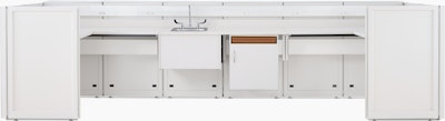 Co/Struc System laboratory bench in soft white with under surface storage and sink.
