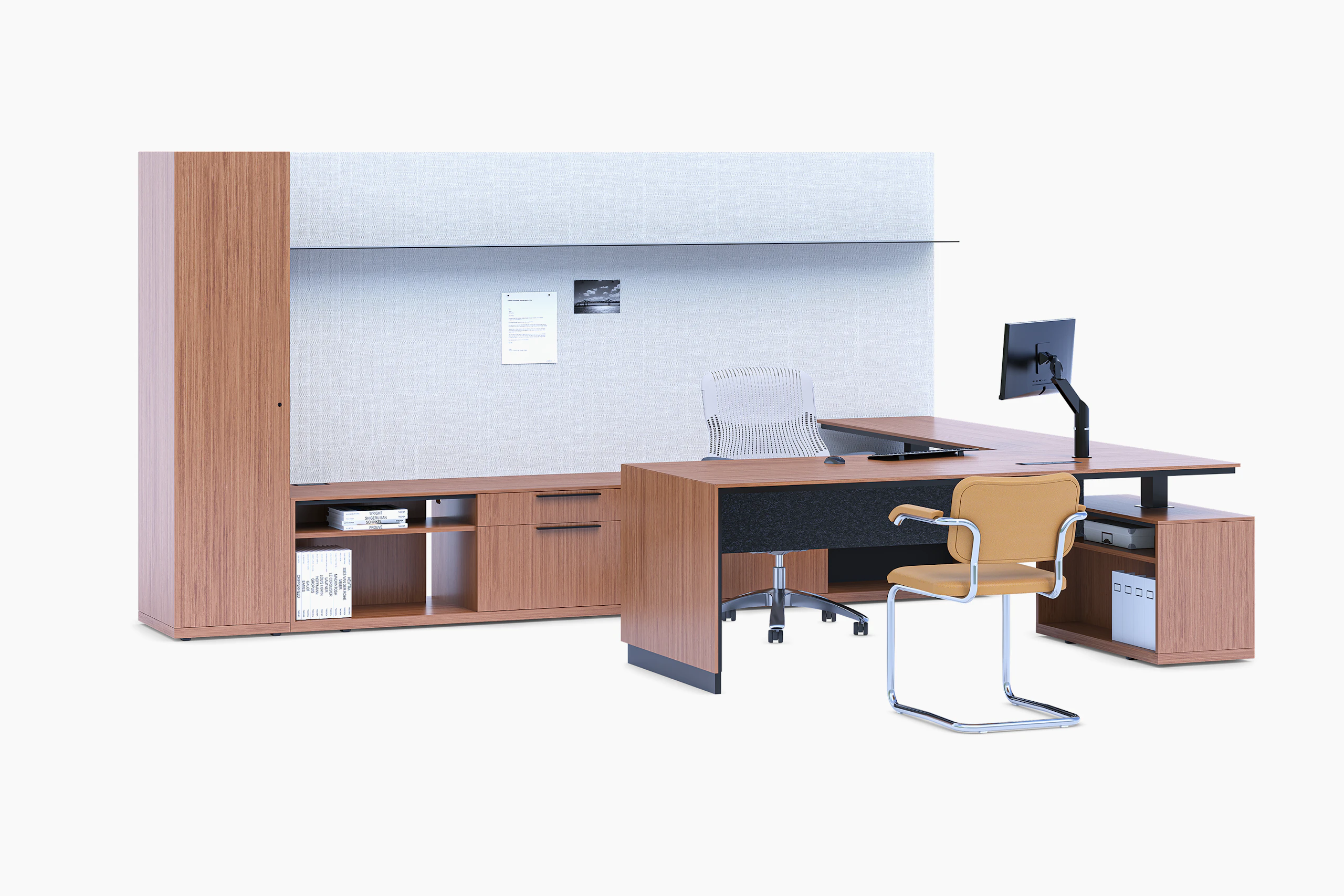 A private office featuring light brown woodgrain veneer, white backpainted fabric workwall, a l-shape height-adjustable table and task chair.