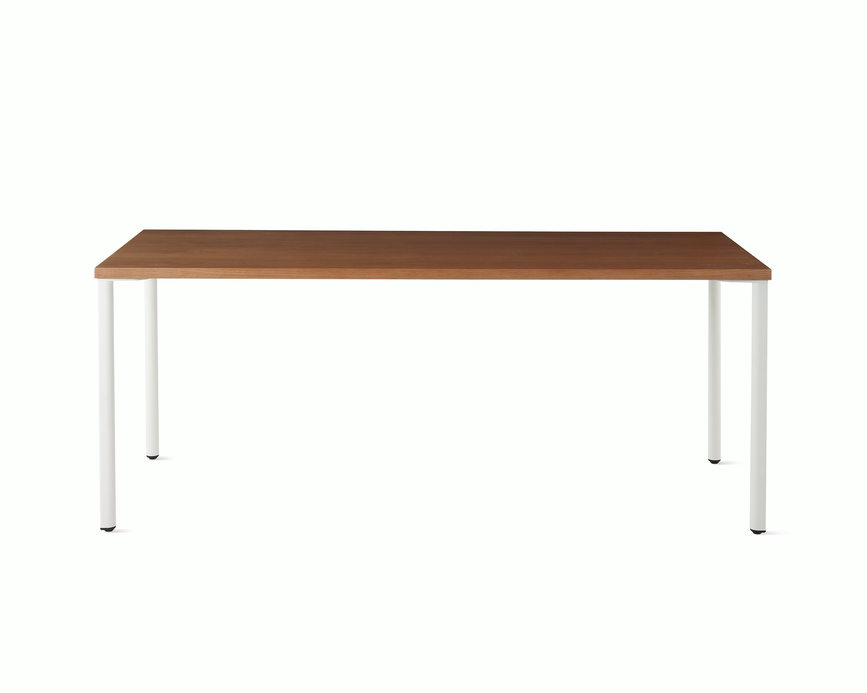 OE1 Rectangular Table with dark brown surface and white legs viewed from the front. 