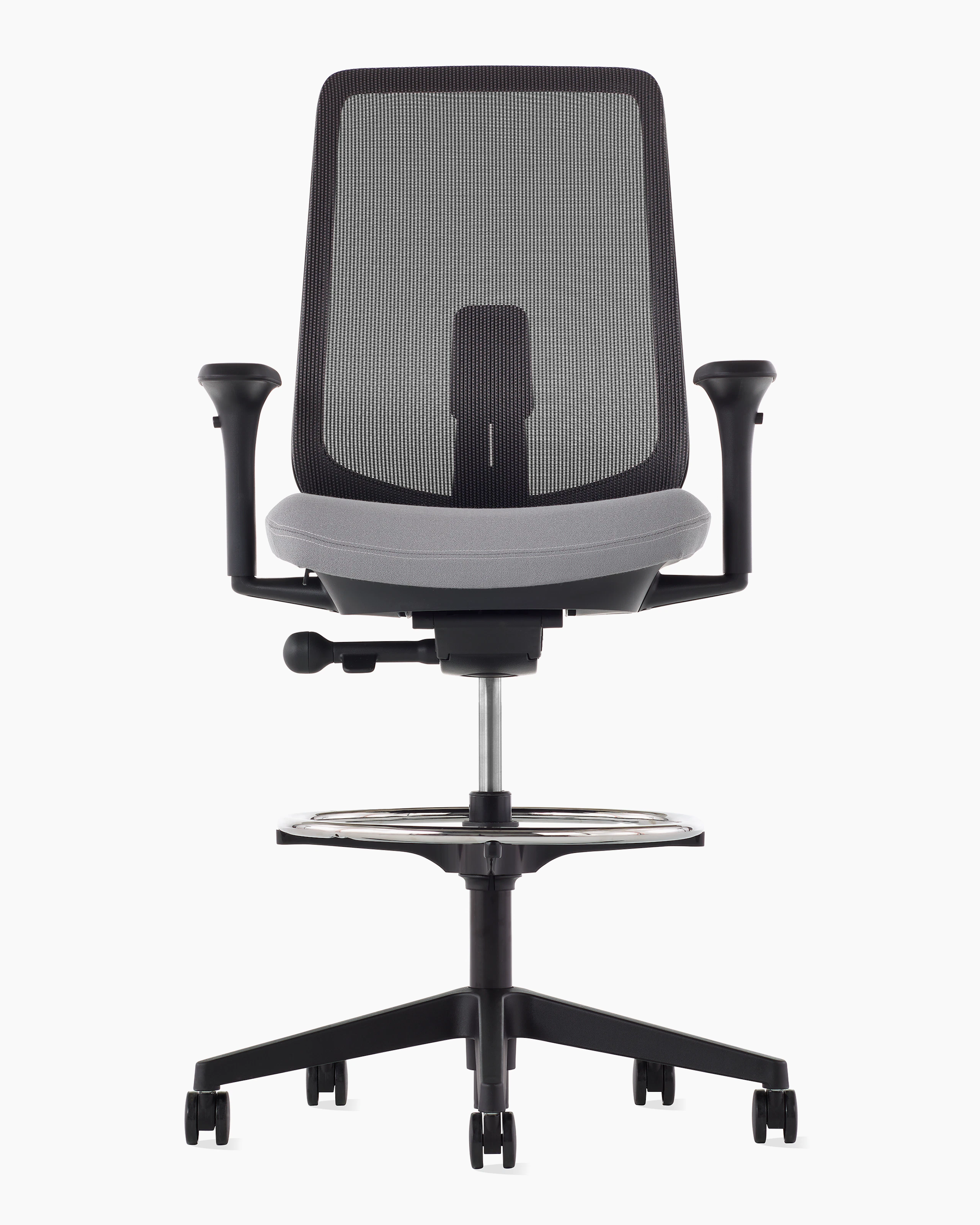 A black Verus Stool with a suspension back, grey seat and black frame viewed from the front.