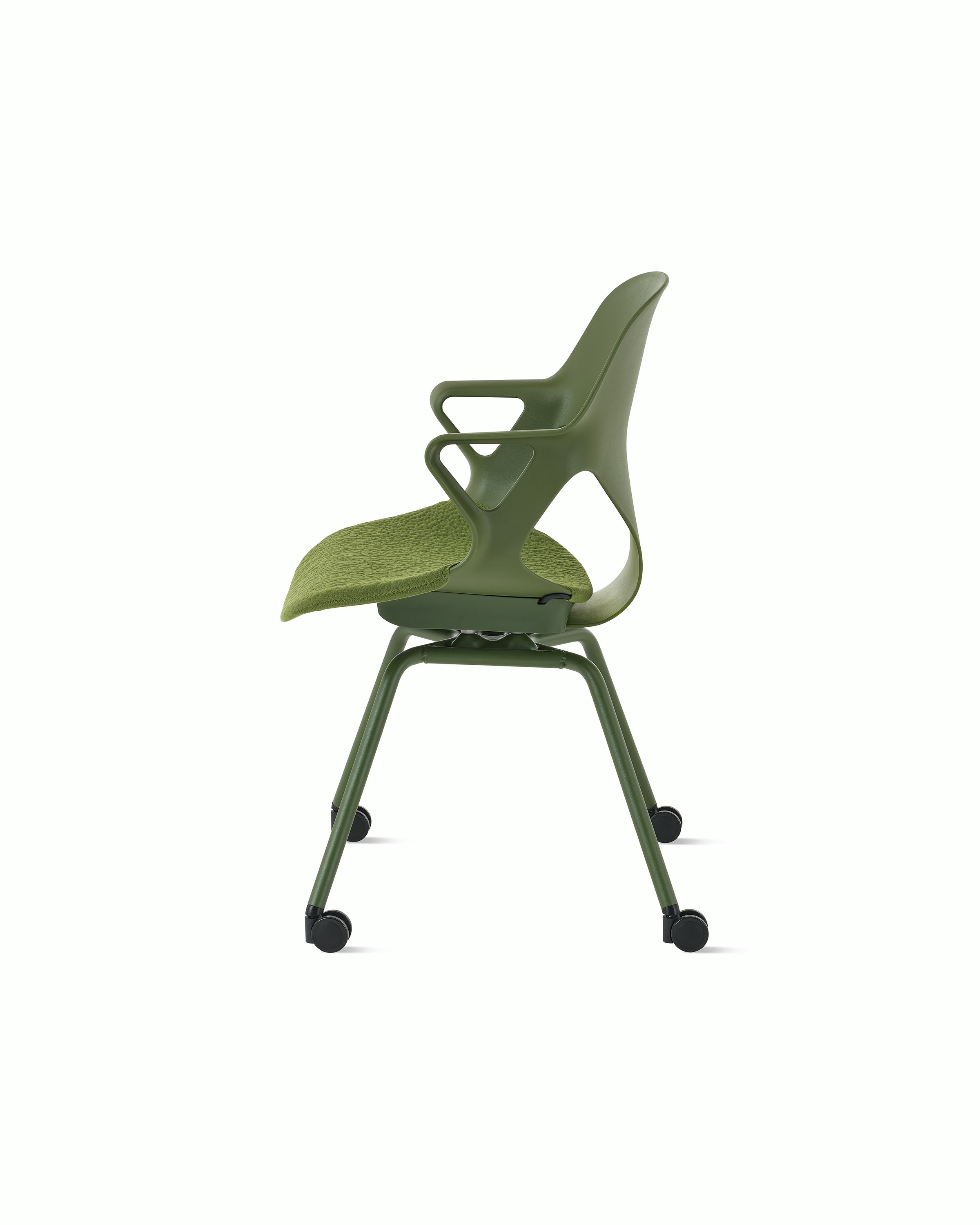 Side view of a Zeph side chair with fixed arms, casters and knit seat pad in olive.