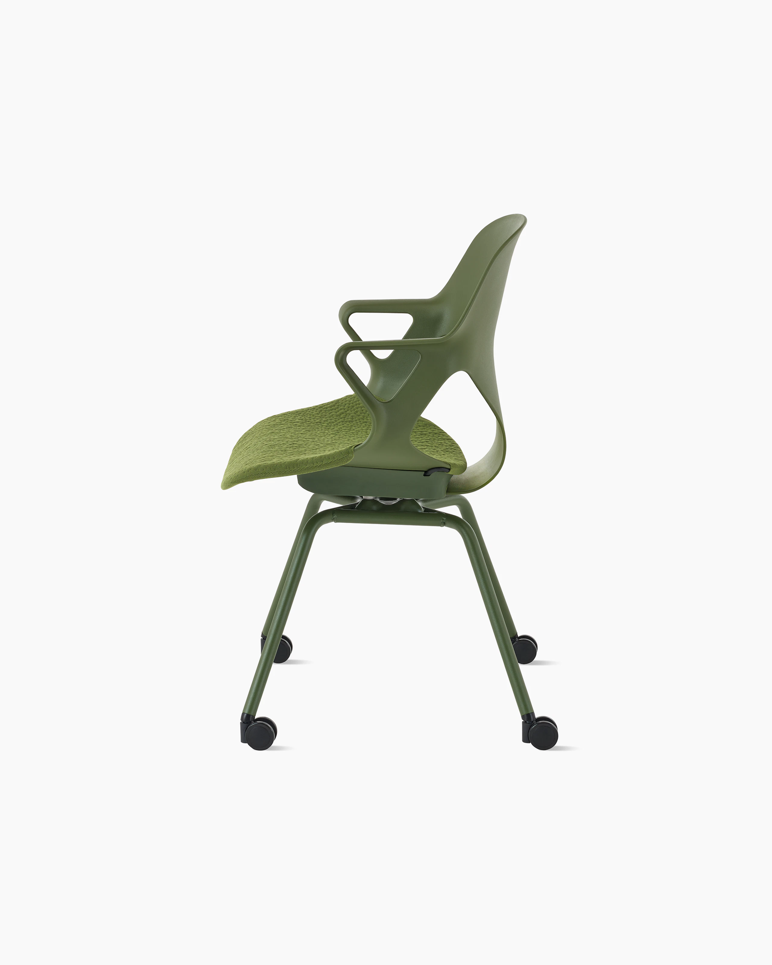 Side view of a Zeph side chair with fixed arms, casters and knit seat pad in olive.
