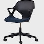 Front angle view of a black Zeph chair with fixed arms and a dark navy seat pad.