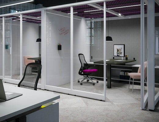 Private Office Rockwell Unscripted Creative Wall Reff Profiles ReGeneration by Knoll Muuto Oslo Lounge Chair Muuto Ambit Pendant Lamp