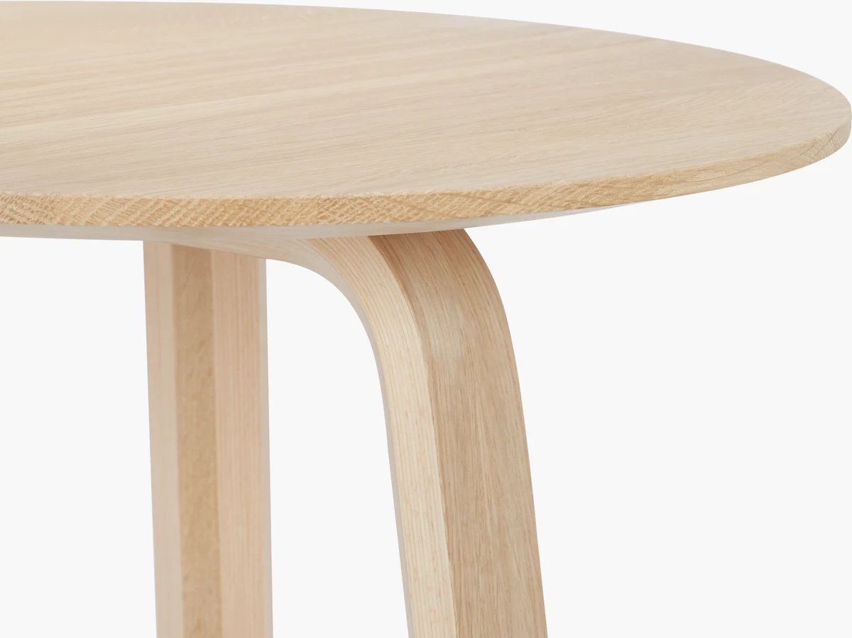 Close-up of a round wooden tabletop with light wood grain
