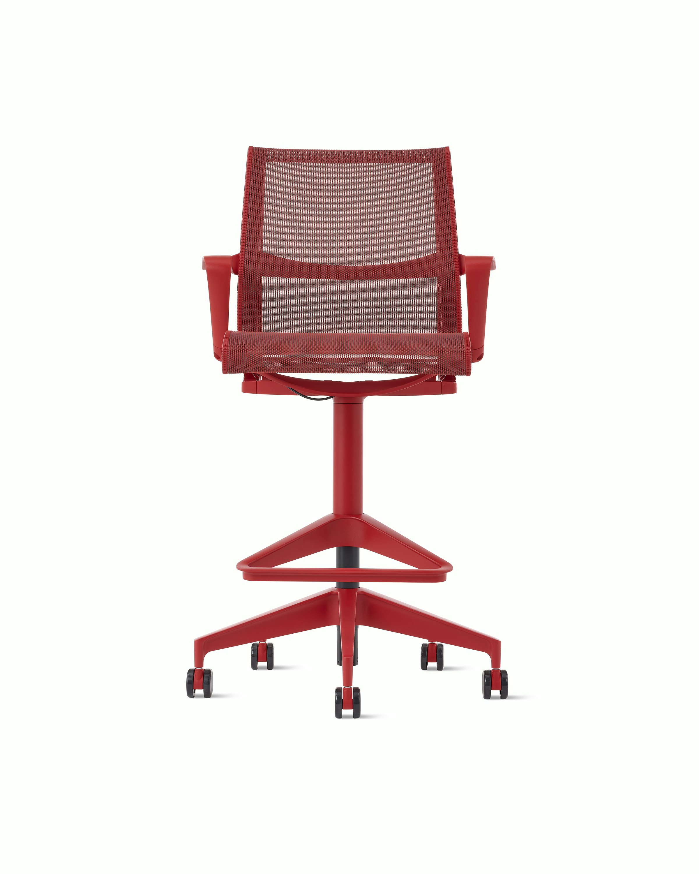 Front view of a Setu stool with fixed arms in red.