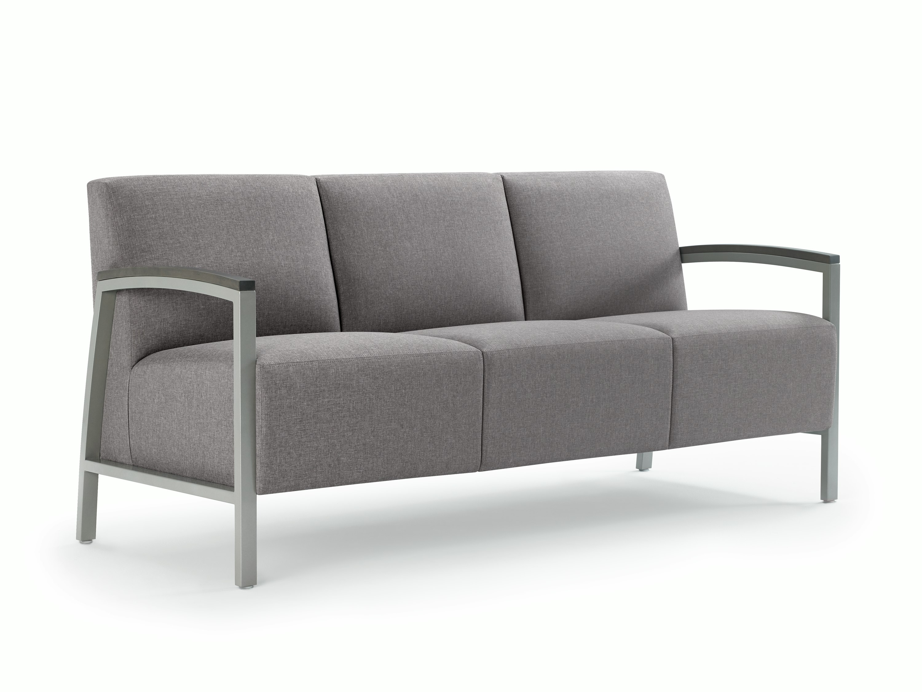 Front three-quarter view of a gray Brava Modern Lounge three-seat sofa with wood arm caps.