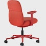 Rear angle view of a mid-back Asari chair by Herman Miller in deep red with height adjustable arms.