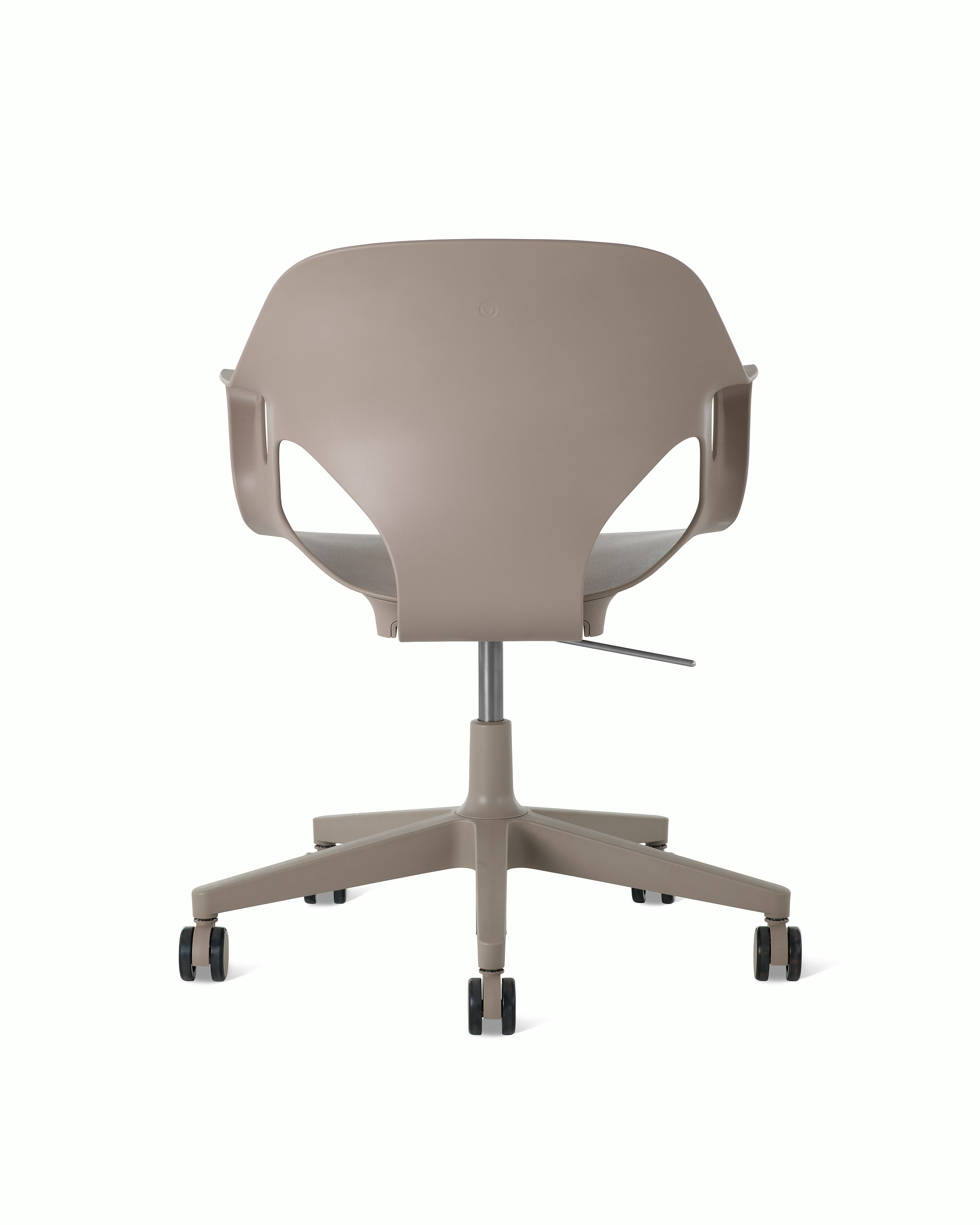 Rear view of a Zeph chair with fixed arms  in light brown.