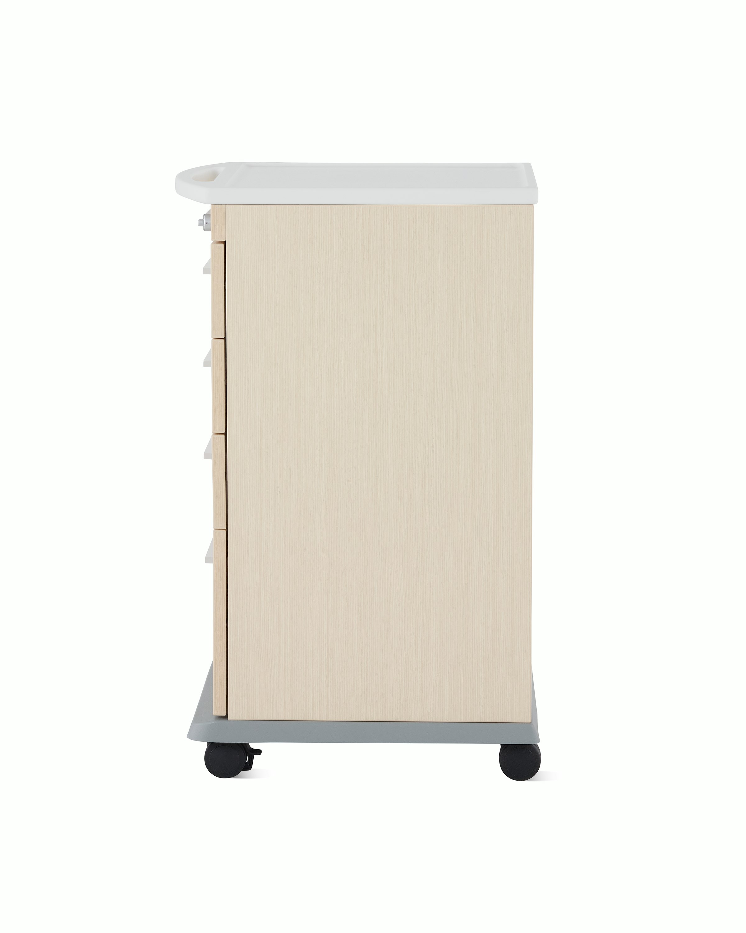 Side view of a Mora casework four-drawer supply cart in a light ash finish and a white solid surface top.