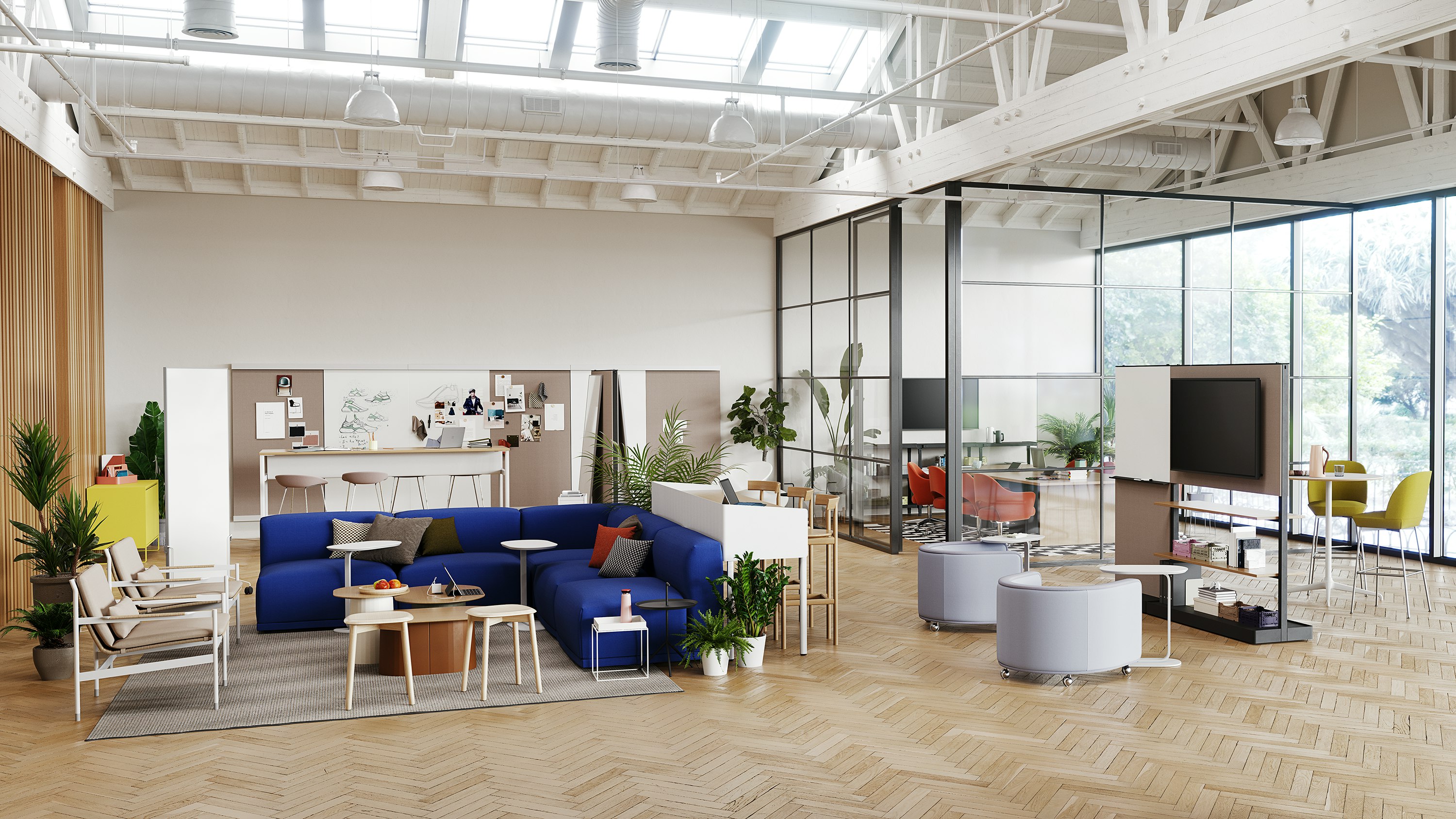 A biophilic group collaboration space for teams to come together and collaborate featuring products from Herman Miller, Knoll, HAY, Muuto, Geiger, Design Within Reach, and naughtone.