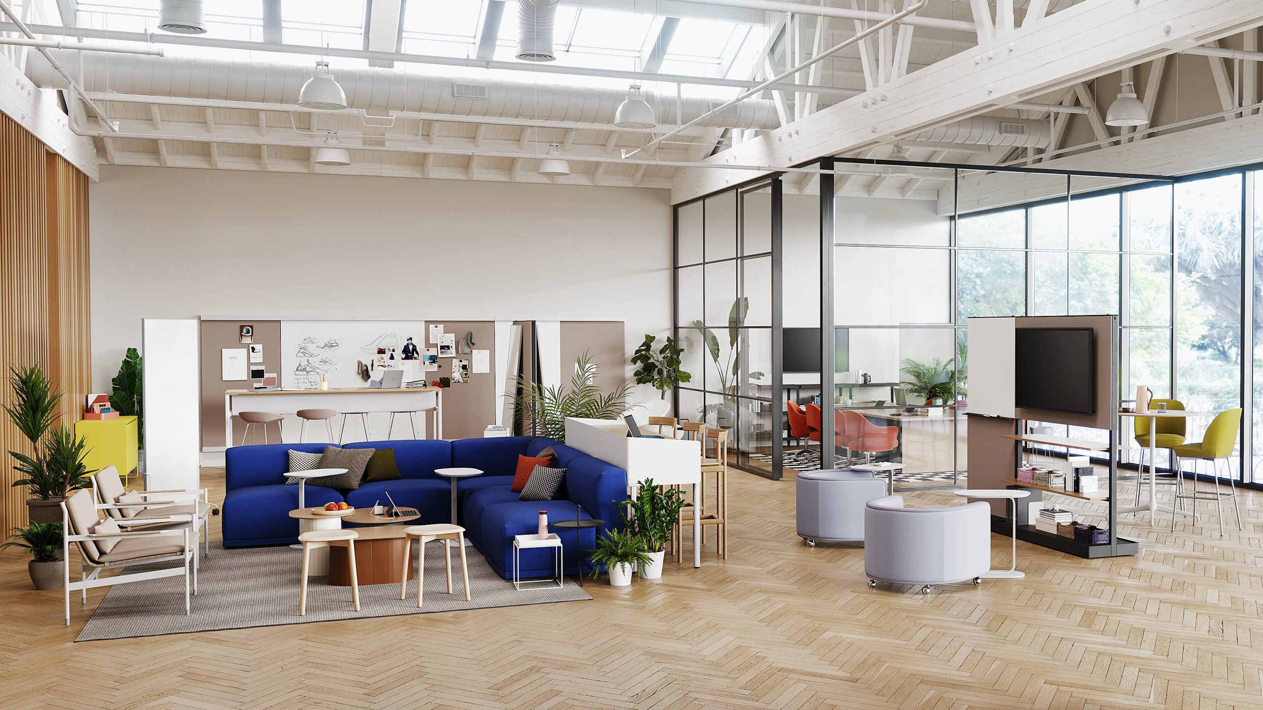 A biophilic group collaboration space for teams to come together and collaborate featuring products from Herman Miller, Knoll, HAY, Muuto, Geiger, Design Within Reach, and naughtone.
