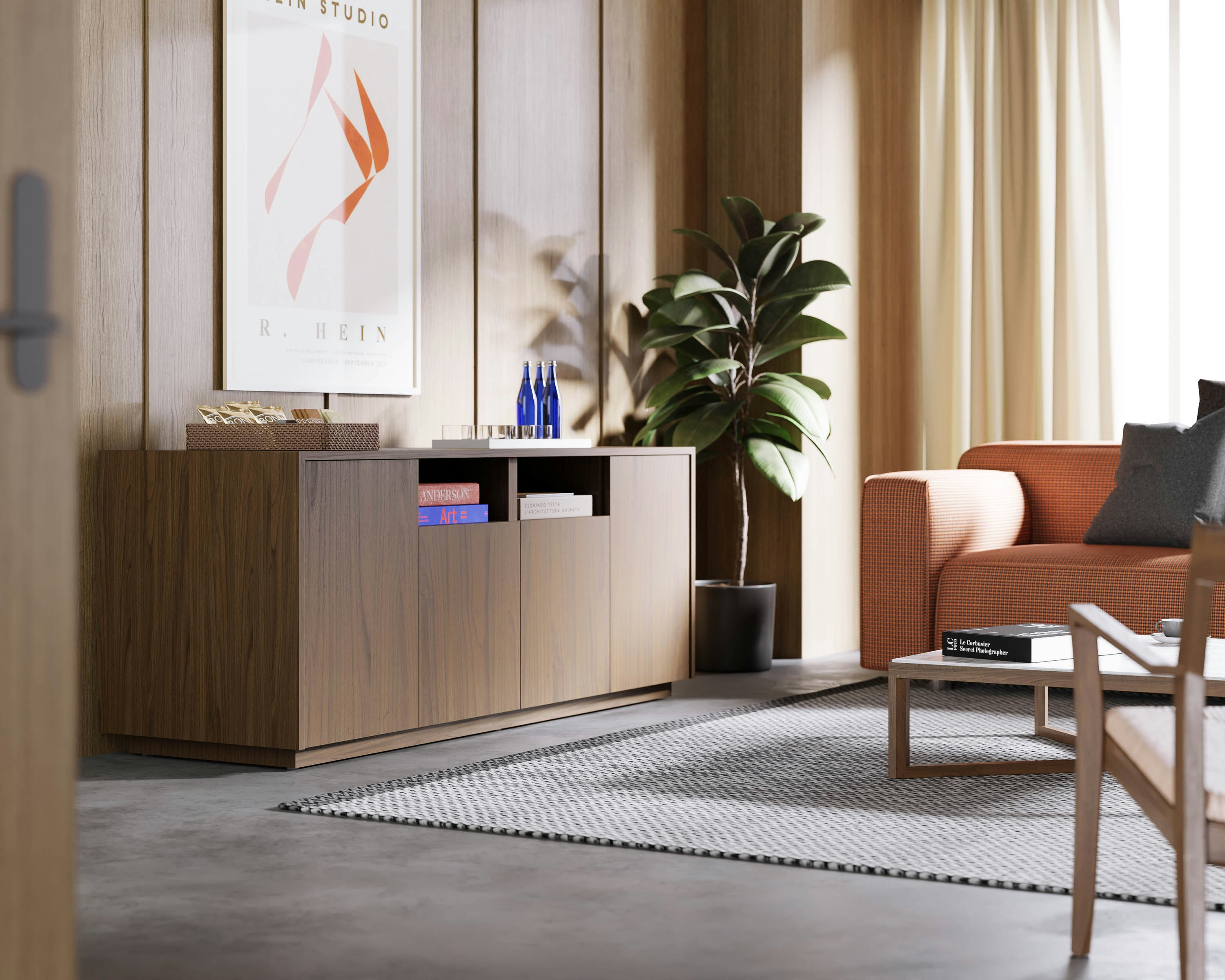 JD Credenza in a reception space or collaborative office setting, angled view.