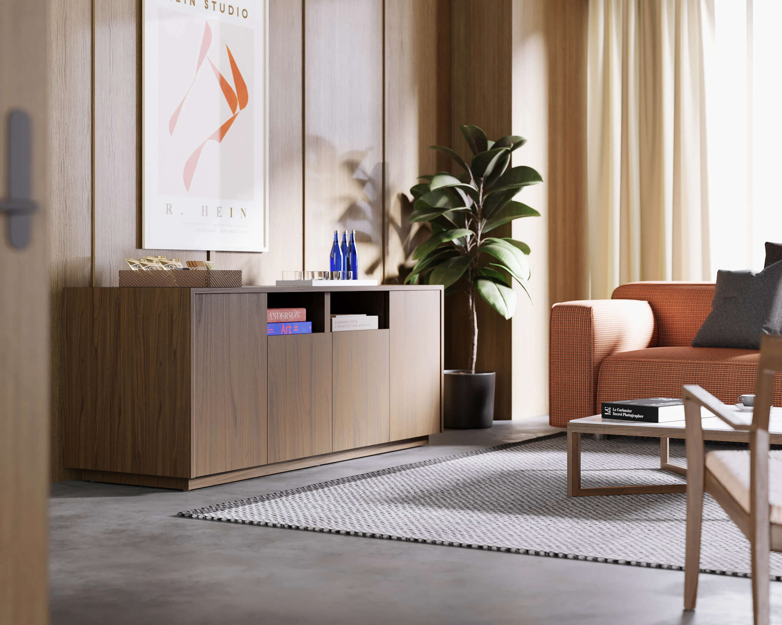 JD Credenza in a reception space or collaborative office setting, angled view.