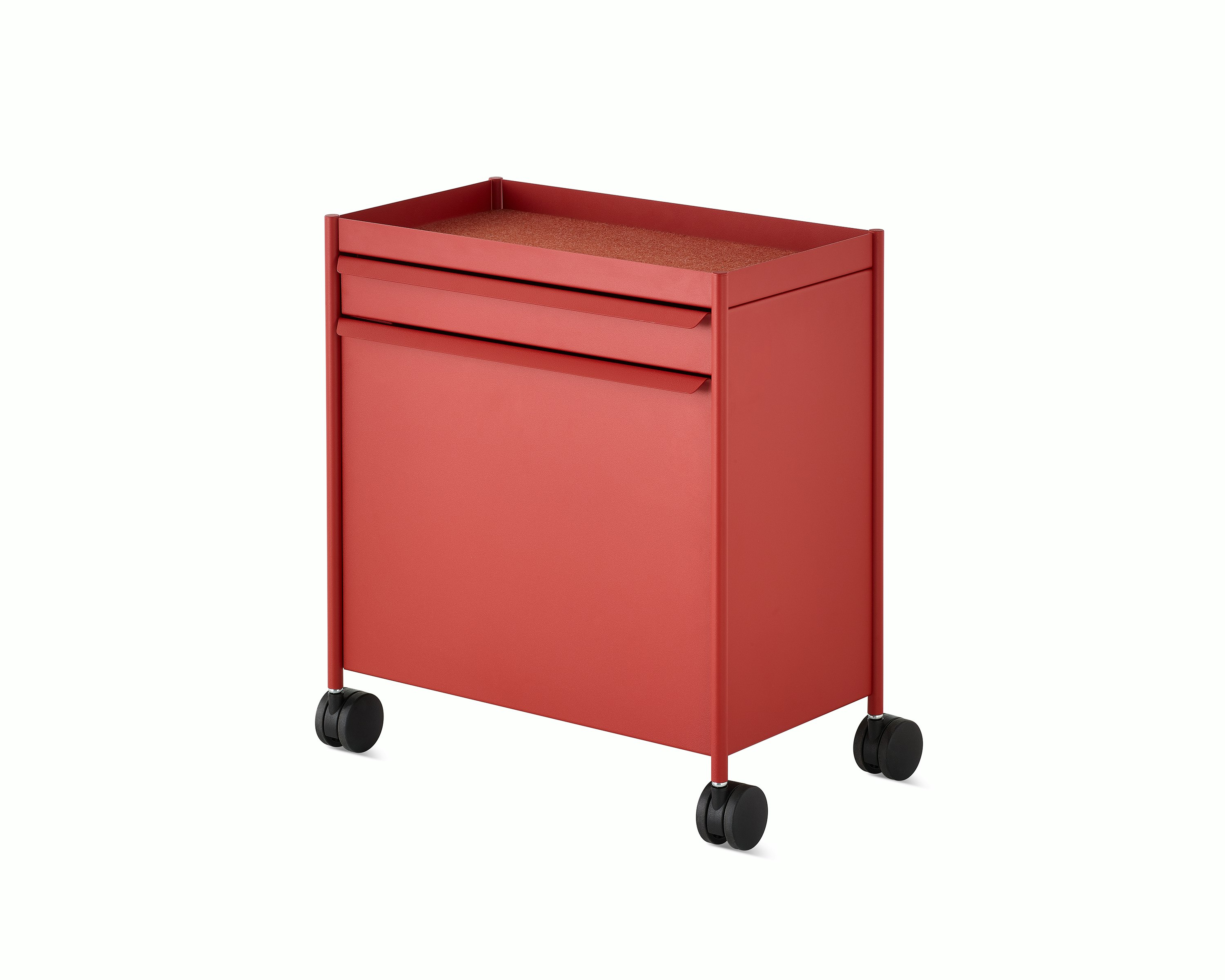 Red OE1 Storage Trolley with casters, viewed from an angle.