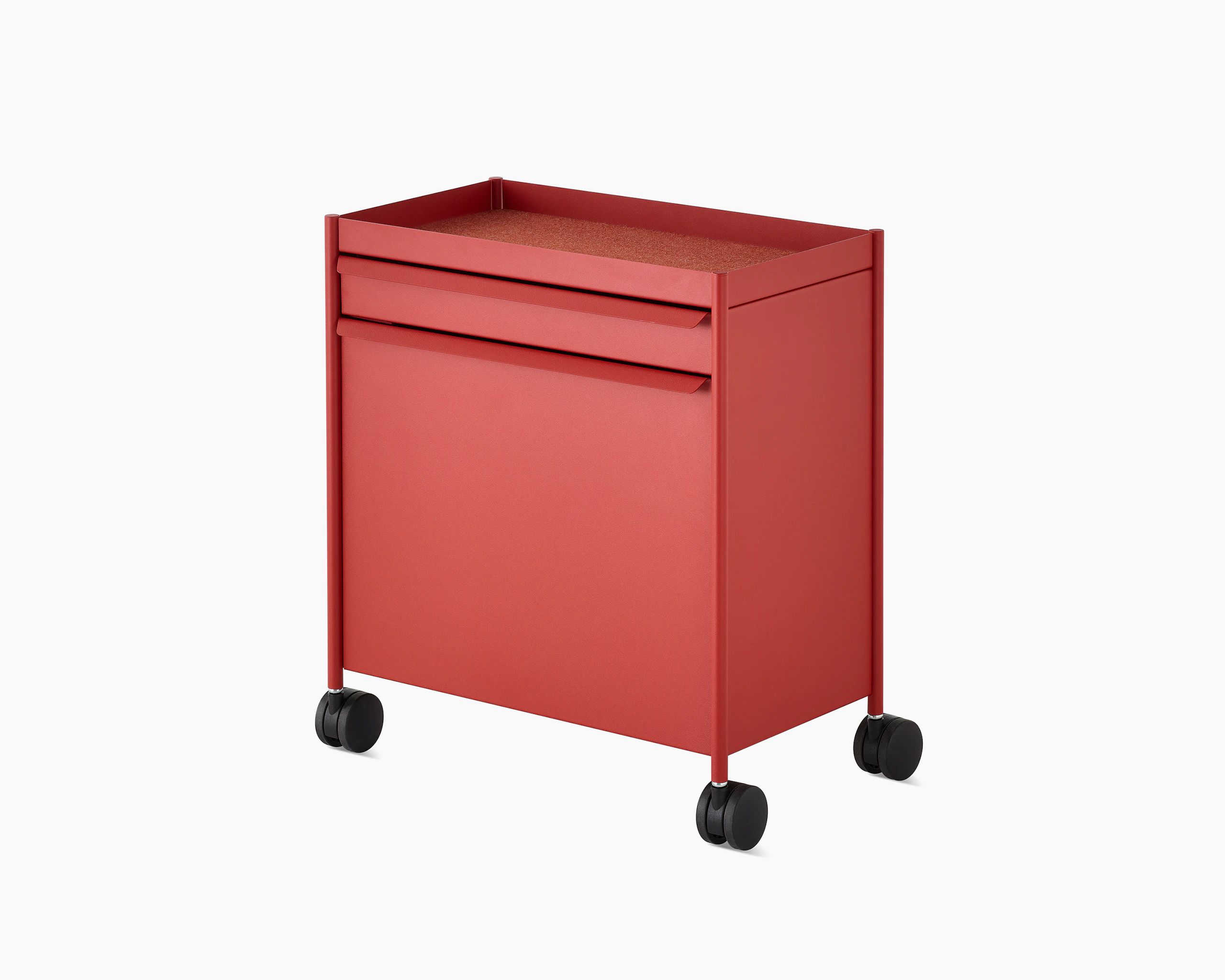 Red OE1 Storage Trolley with casters, viewed from an angle.