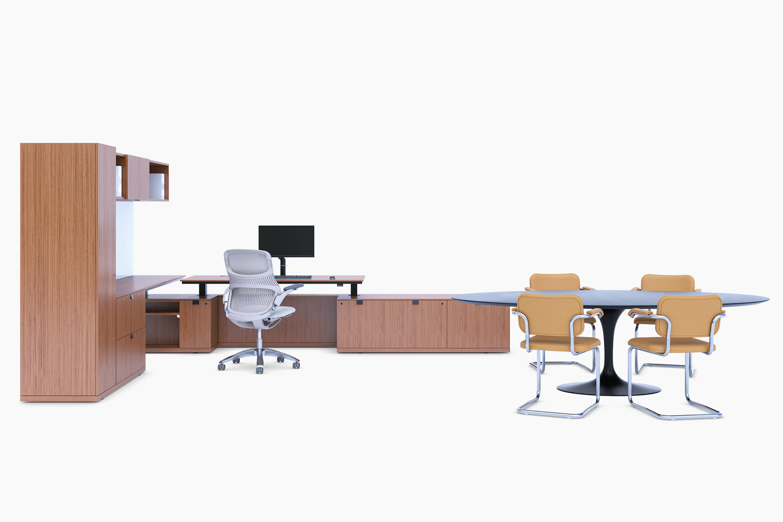 A multi-use private office featuring light brown woodgrain veneer, white backpainted glass workwall, a height-adjustable table and task chair.
