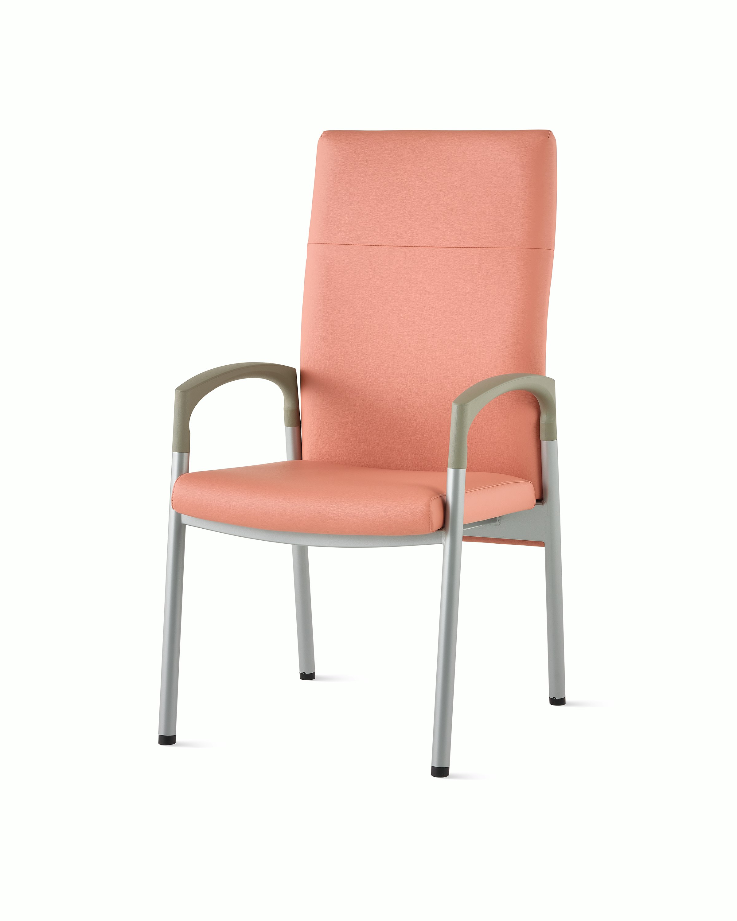 Three-quarter, front view of a high-back Valor patient chair in a salmon upholstery and silver frame with pewter armcaps.