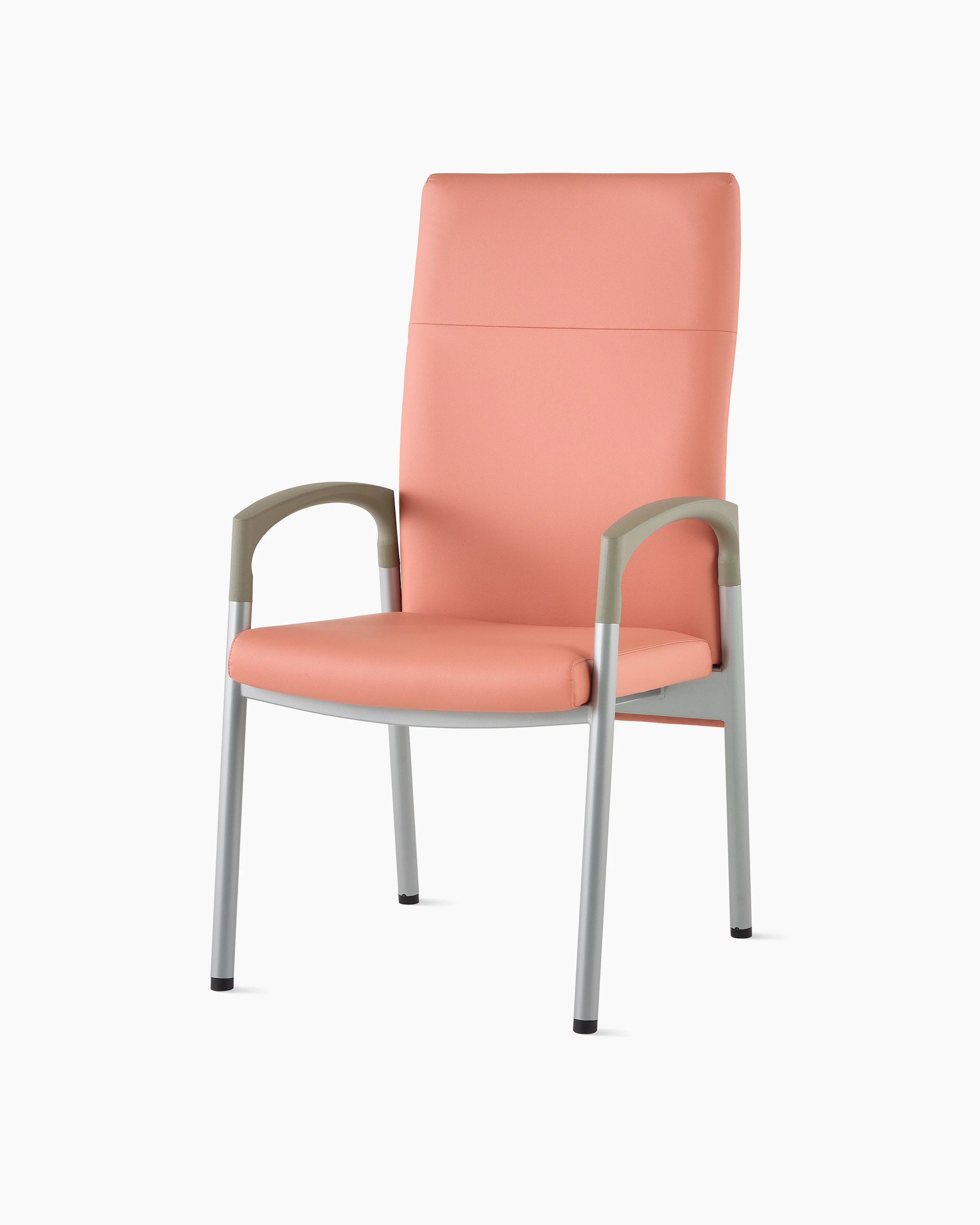 Three-quarter, front view of a high-back Valor patient chair in a salmon upholstery and silver frame with pewter armcaps.