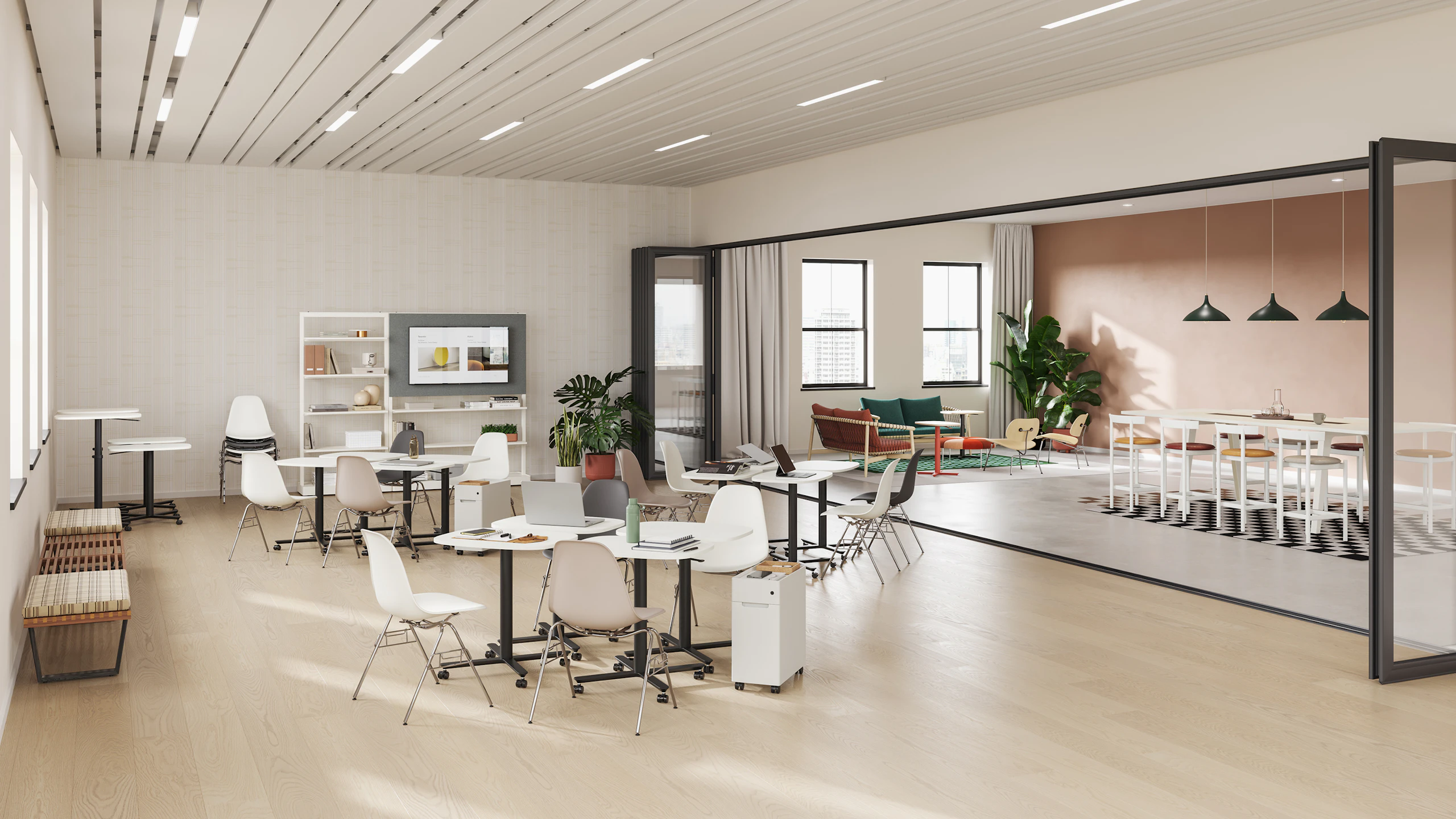 A selection of small and large Passport Work Tables are featured in a team collaboration training room setting.