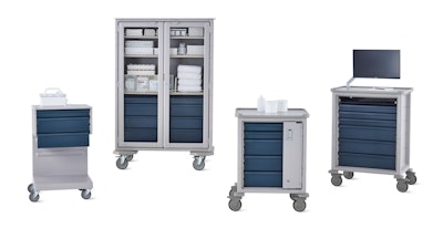 Group of Procedure and Supply Carts including L Cart, double-wide cart, supply cart, and technology cart in light gray body with dark gray drawers.