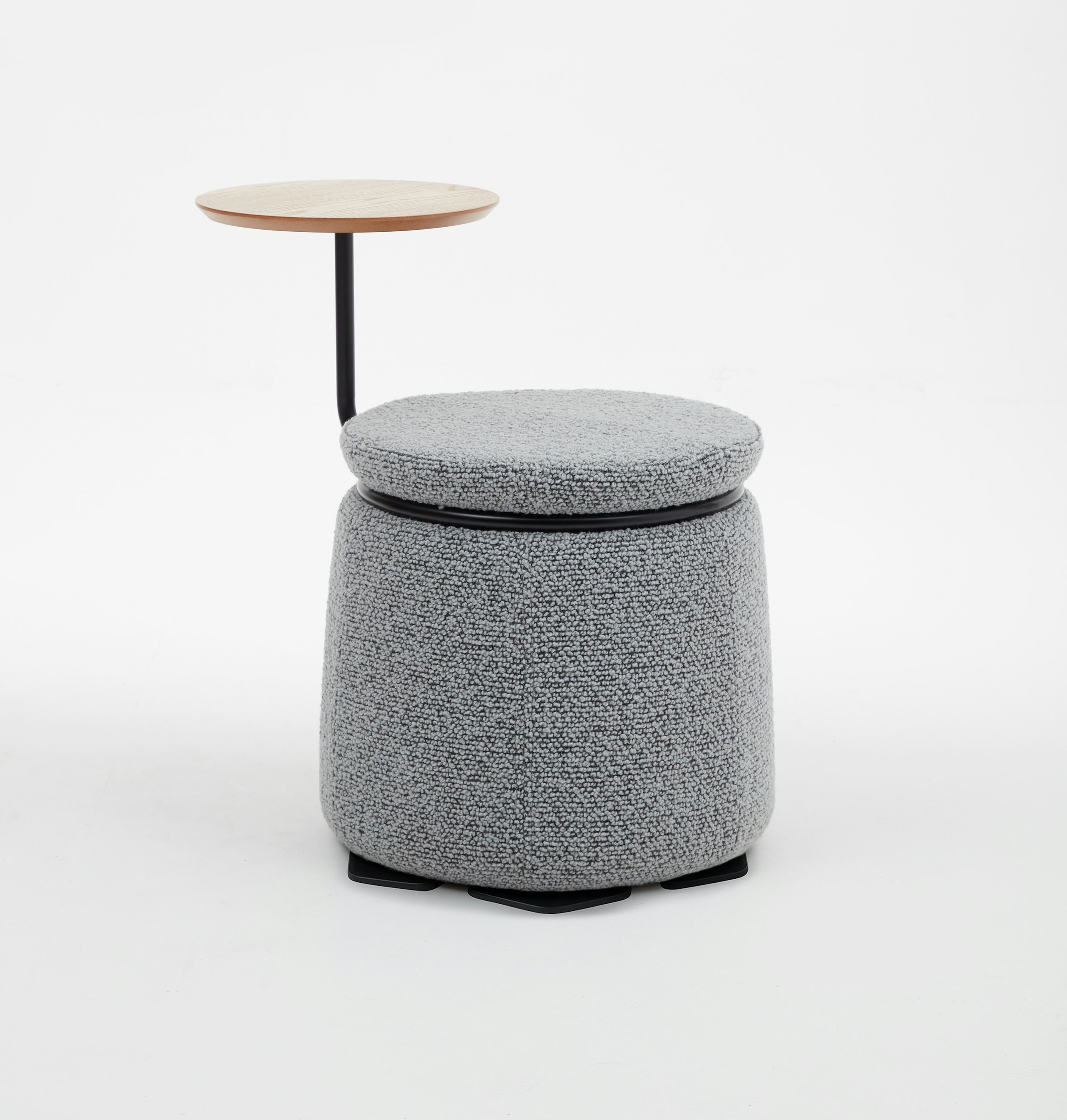 Single seat Lasso Stool upholstered in grey fabric with black tablet arm and oak veneer table.