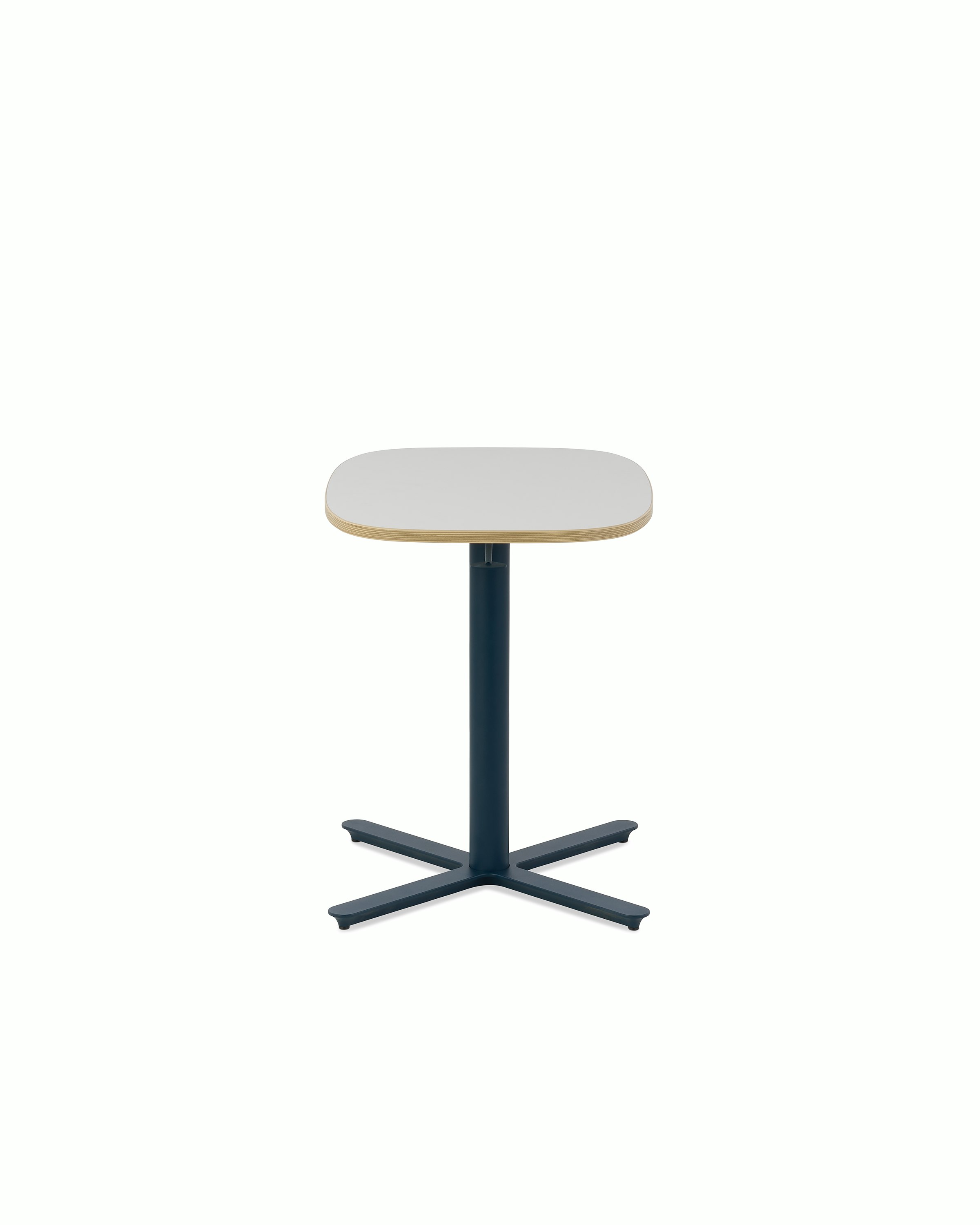Large Passport Work Table with white surface, plywood edge and blue base on glides.