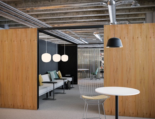 Thriving Workplace Welcome Area with Rockwell Unscripted Creative Wall rockwell unscripted creative wall modular lounge muuto relater tables rime pendant lamps bertoia barstool pixel column table muuto ambit pendant lamp welcome area thriving workplace hospitality shared spaces space delineation