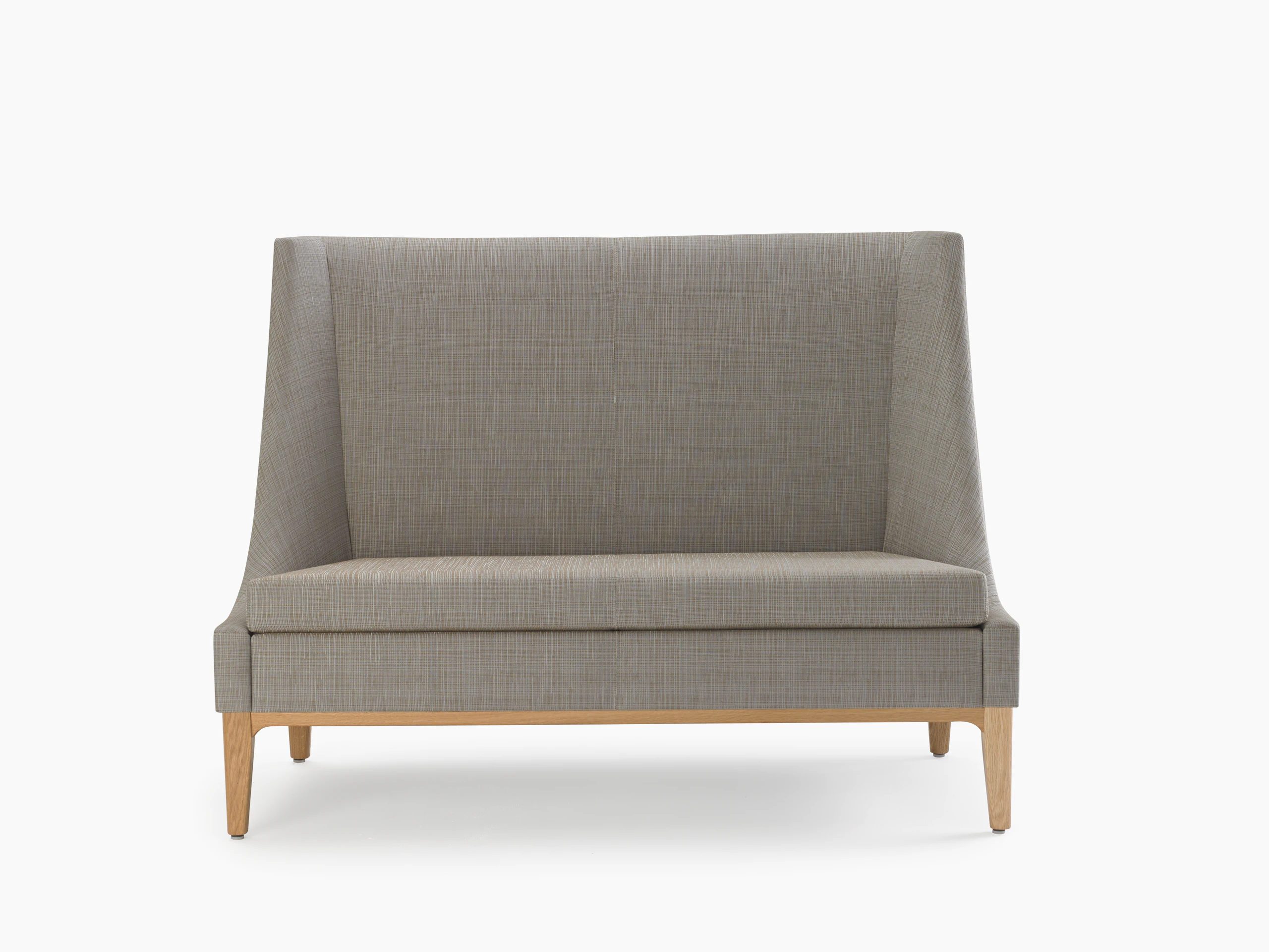 Nemschoff Iris Settee in a gray upholstery and light wood base and legs, viewed from the front.