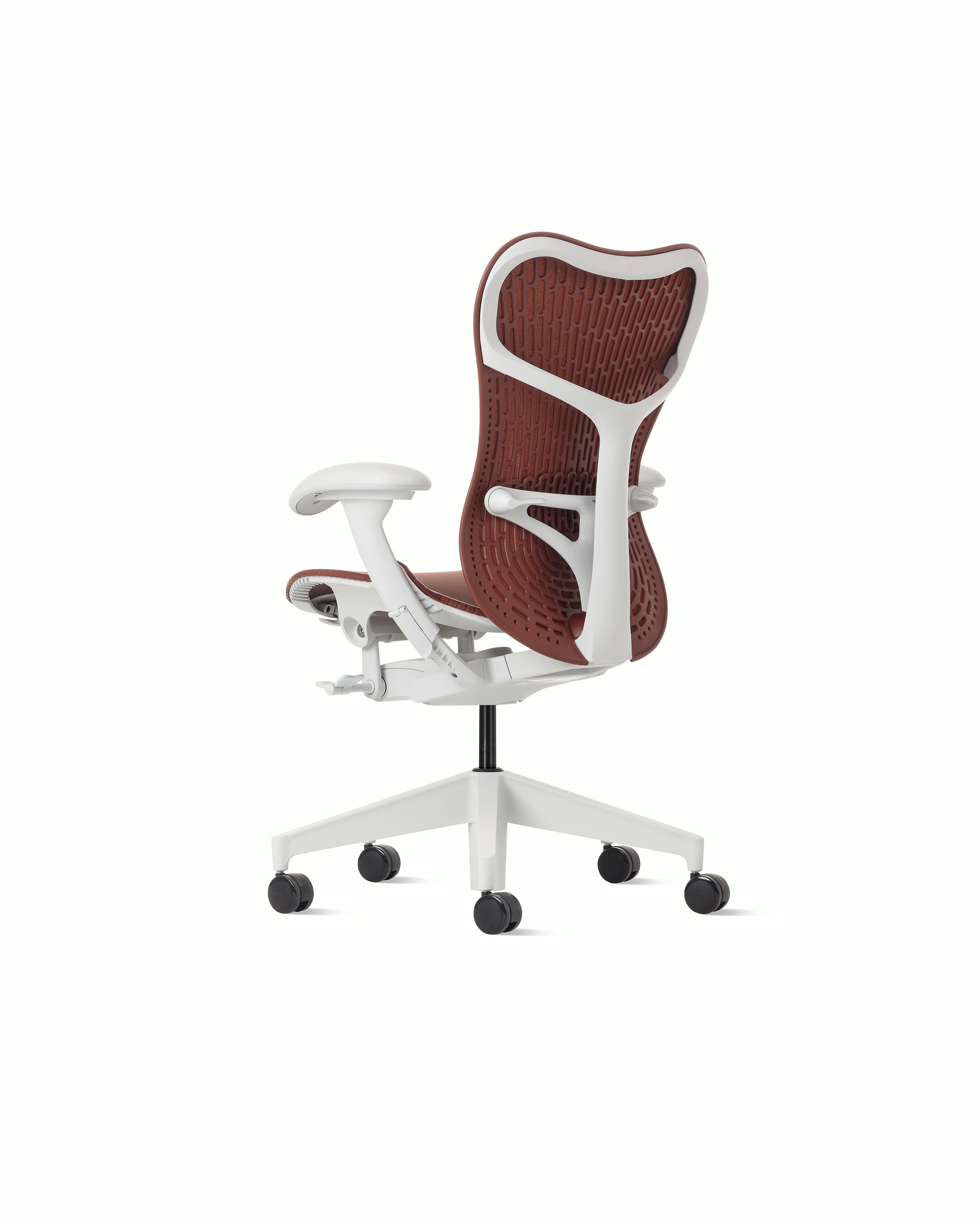 Rear angle view of a Mirra 2 chair with a Butterfly back in cordovan and alpine frame.