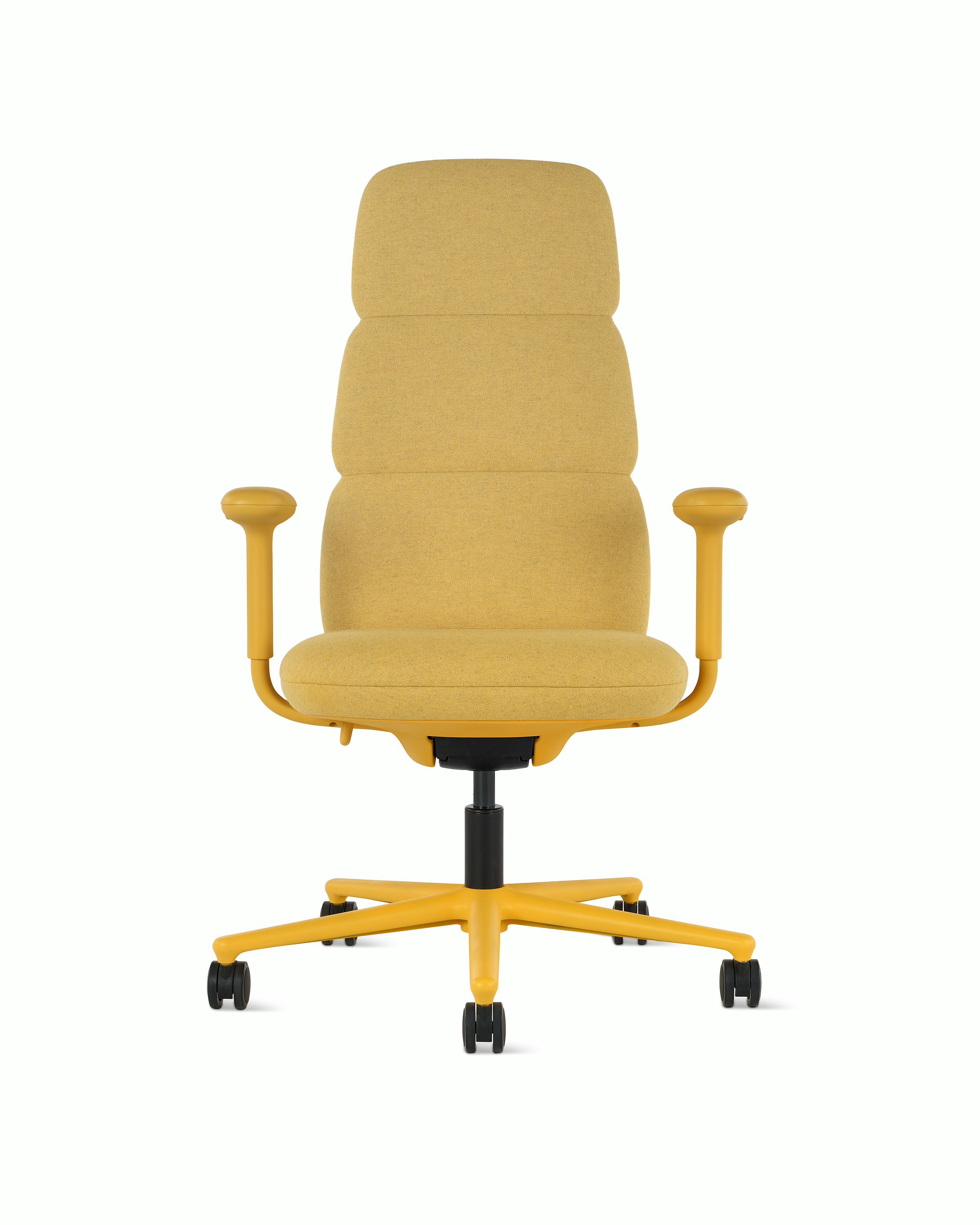 Front view of a high-back Asari chair by Herman Miller in yellow with height adjustable arms.