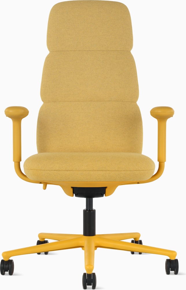 Front view of a high-back Asari chair by Herman Miller in yellow with height adjustable arms.