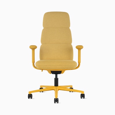 Front view of a high-back Asari chair by Herman Miller in yellow with height adjustable arms.