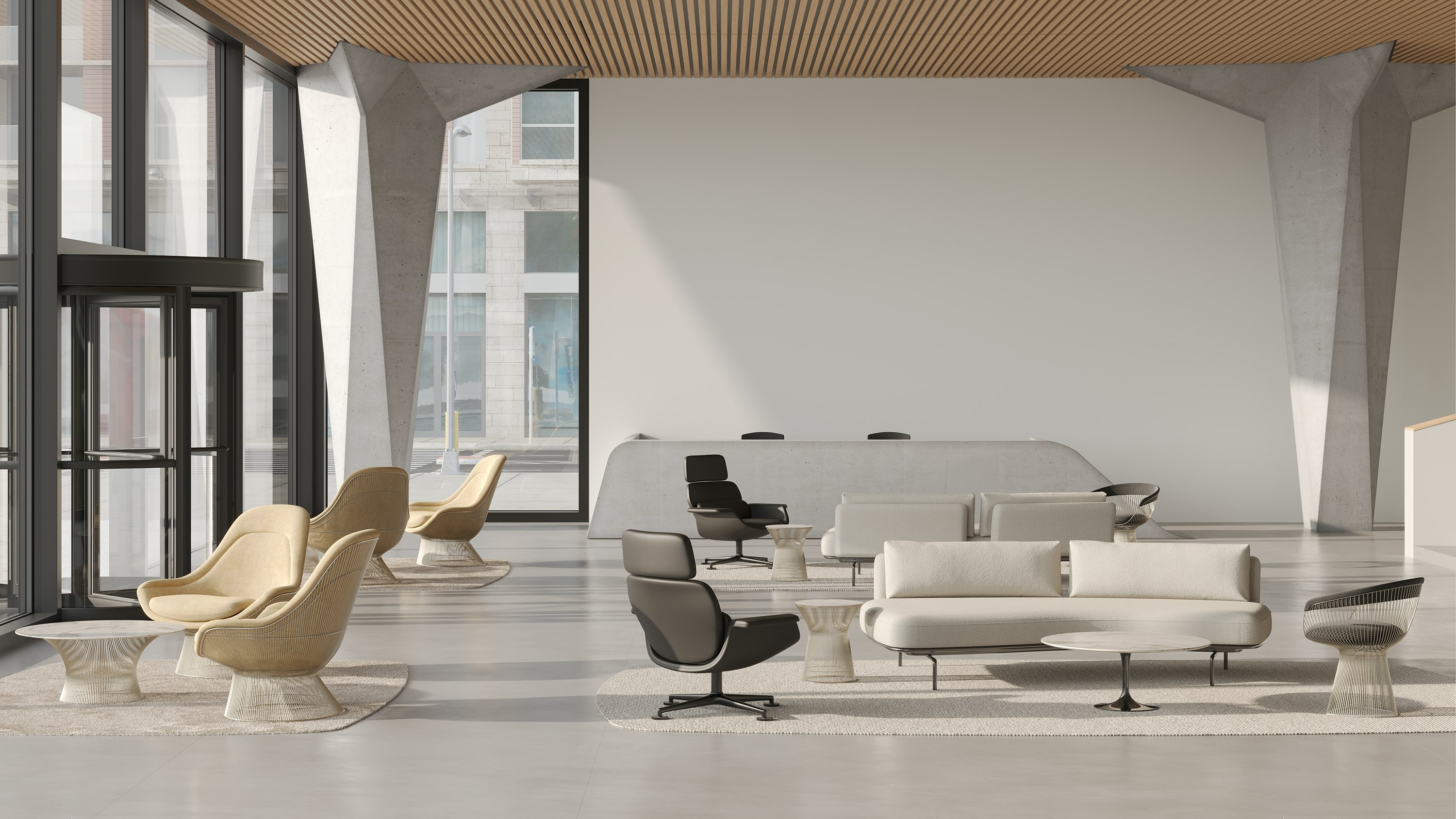 Lounge setting consisting of Panoramic sofas, KN02 swivel and Reclining High Back Lounge Chair, Platner Lounge Chair and Saarinen Coffee table. Four Platner Easy Chairs and Platner Coffee table.