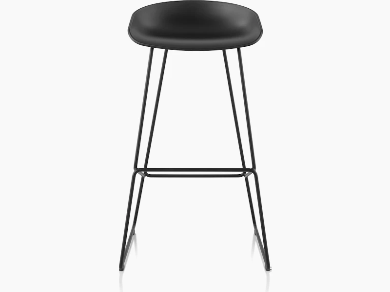 About A Stool in with a low black powder coat and black steel base.