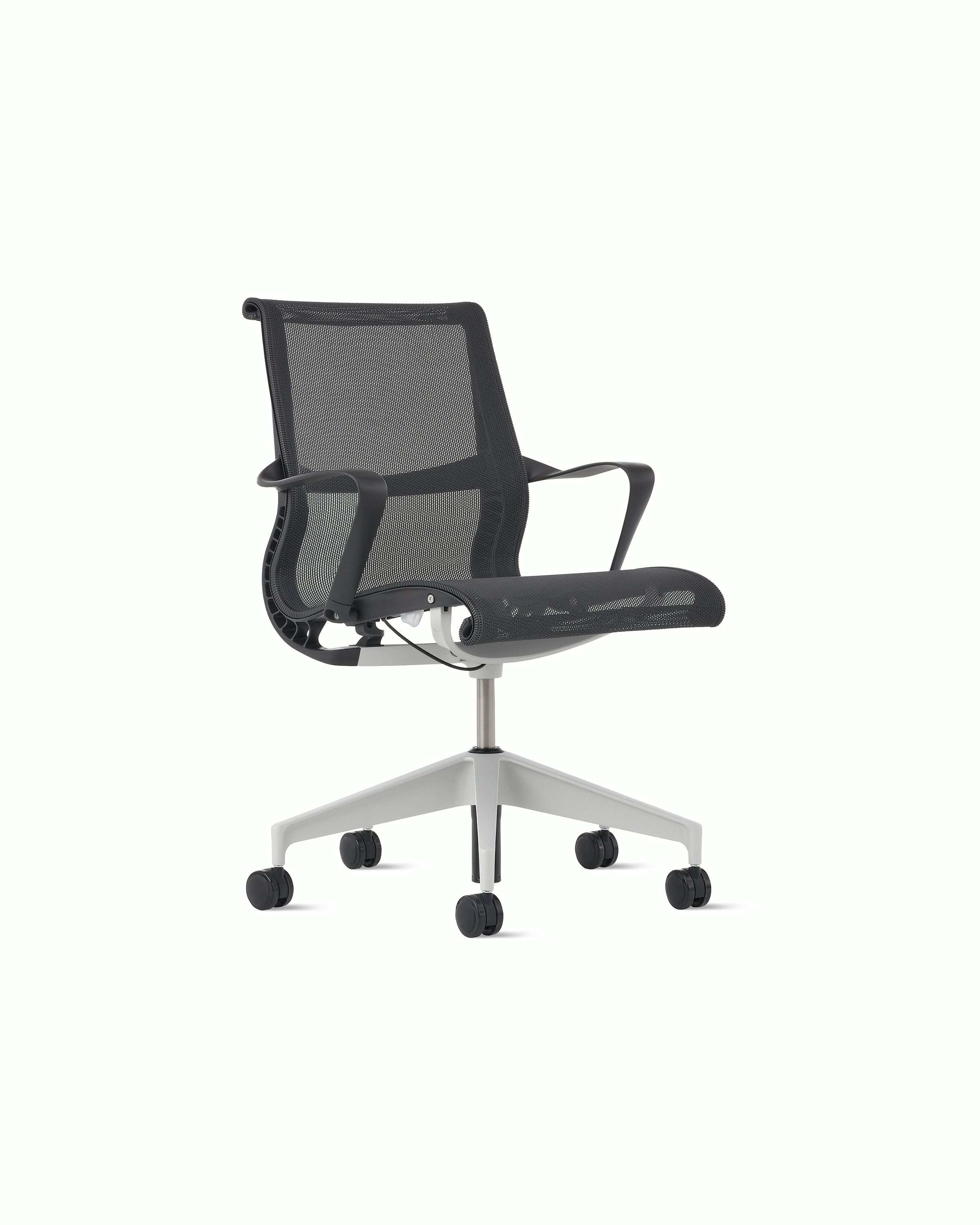 Front angle view of a Setu chair in dark grey with a silver alloy base.