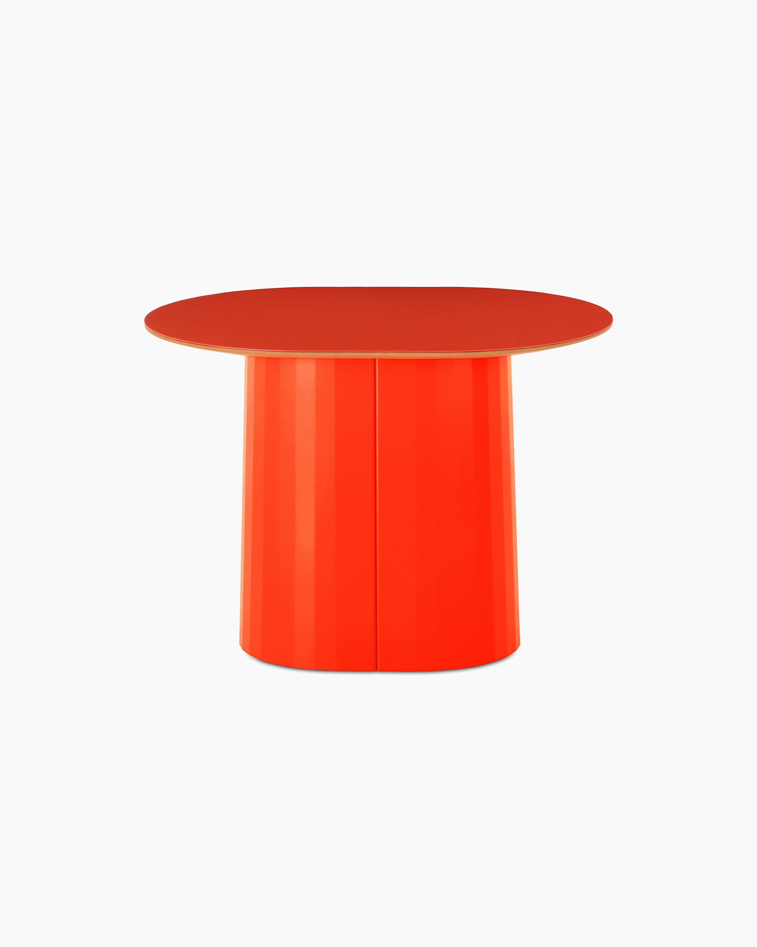 White sweep shot of Tun Low Side Table with orange metal base and orange Forbo table top.
