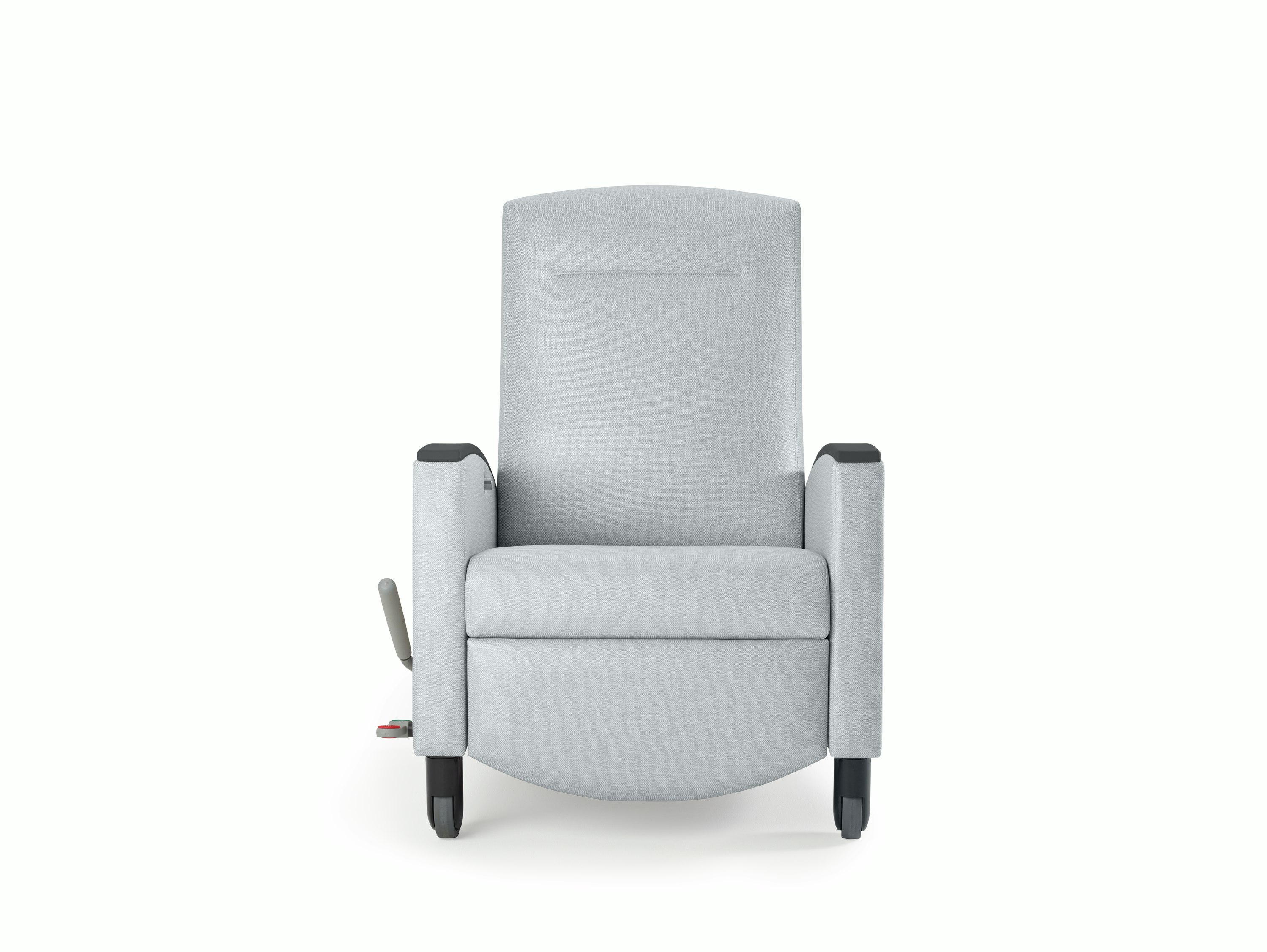 Nemschoff Sahara Recliner in a light gray upholstery and black arm caps and casters on white sweep, viewed from the front.