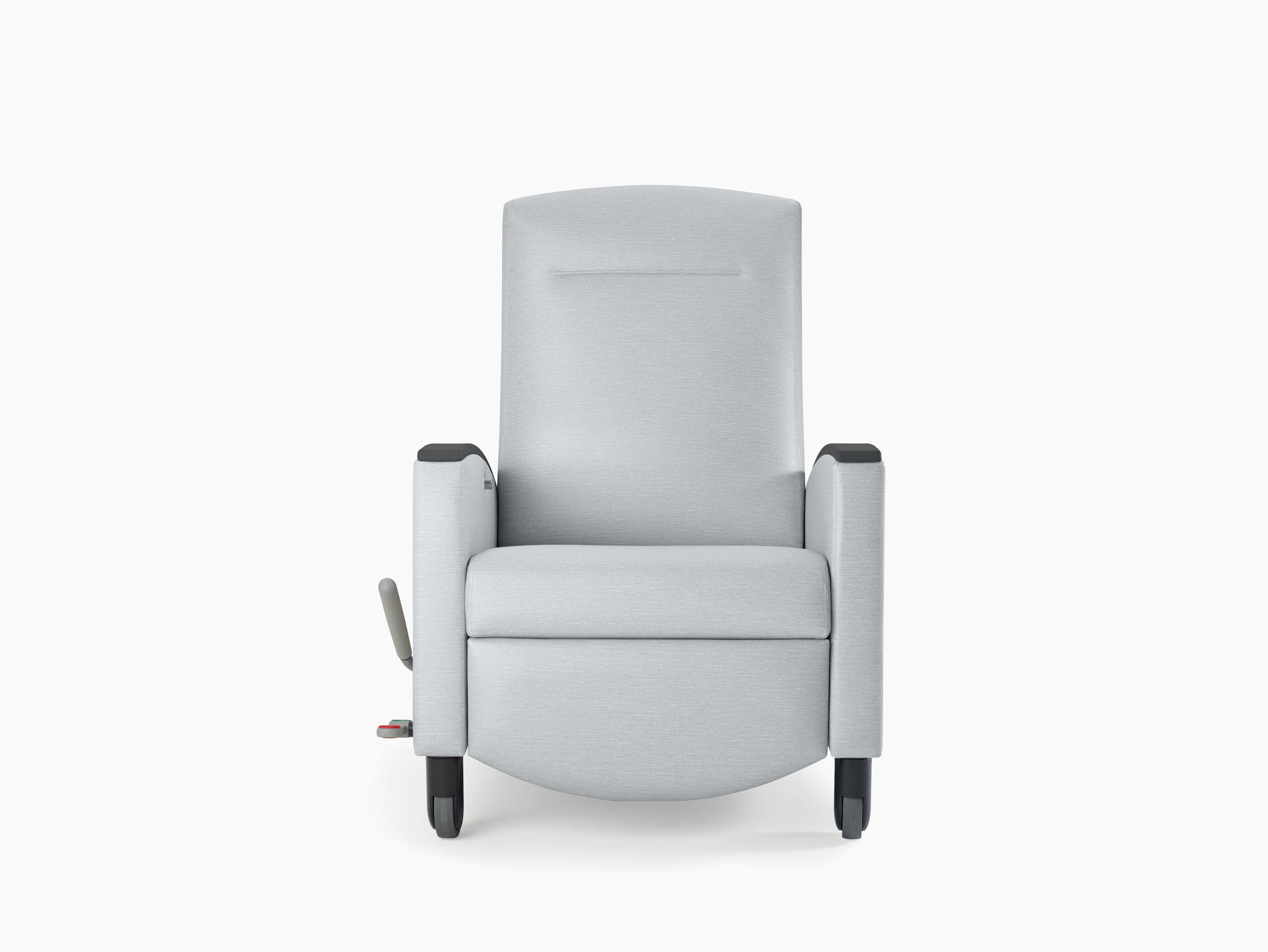 Nemschoff Sahara Recliner in a light gray upholstery and black arm caps and casters on white sweep, viewed from the front.