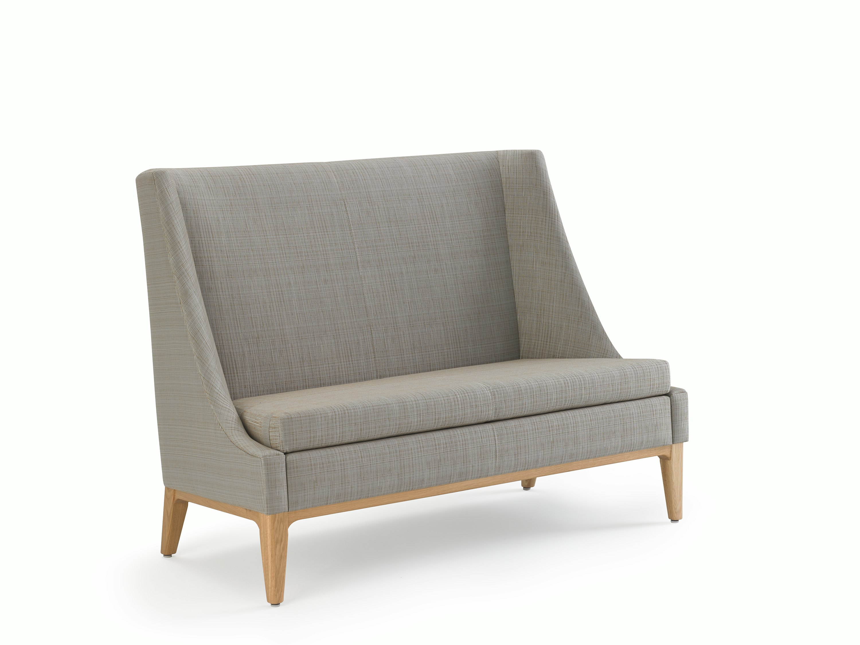 Nemschoff Iris Settee in a grery upholstery and light wood base and legs, viewed from an angle.