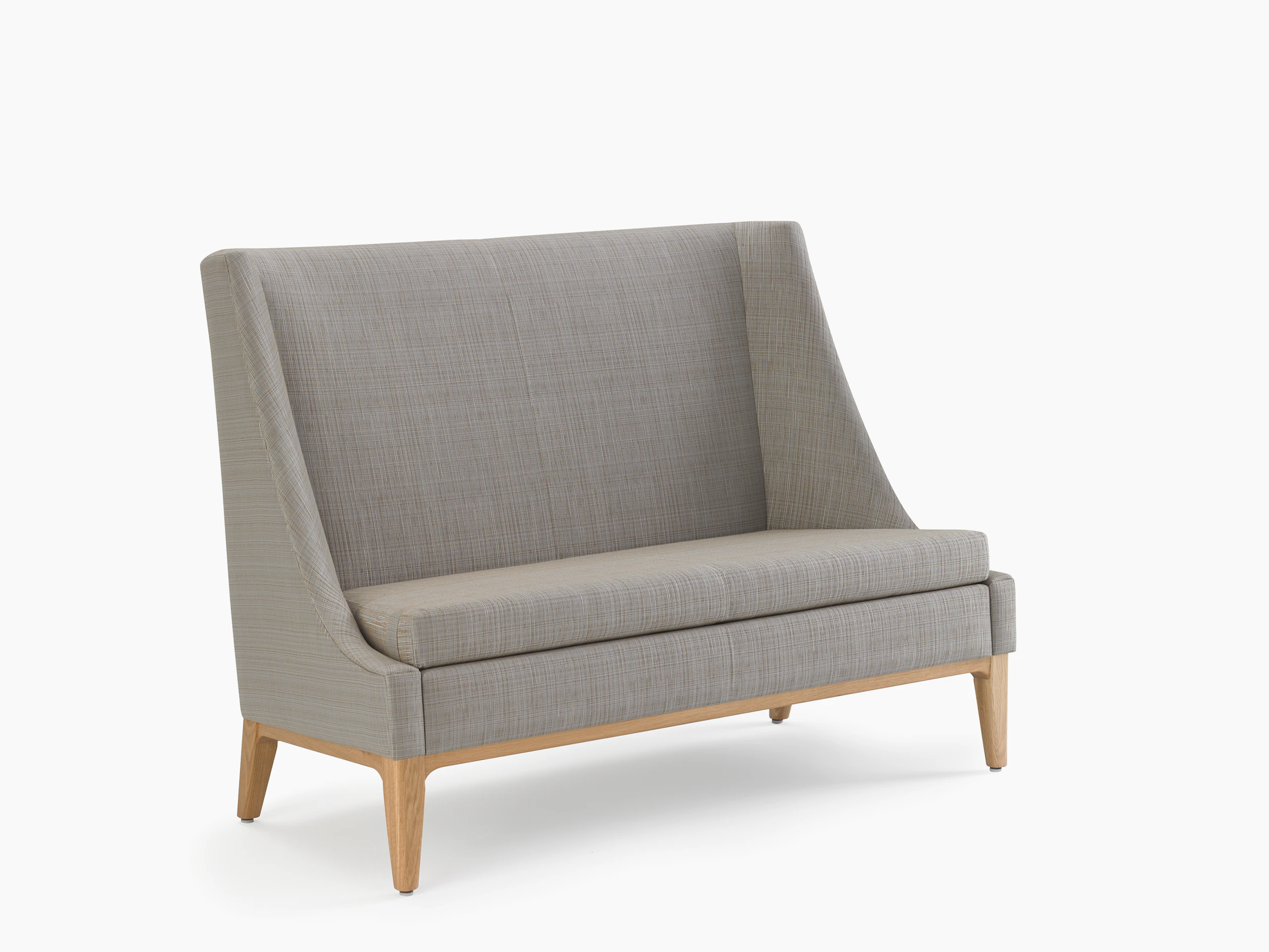 Nemschoff Iris Settee in a grery upholstery and light wood base and legs, viewed from an angle.