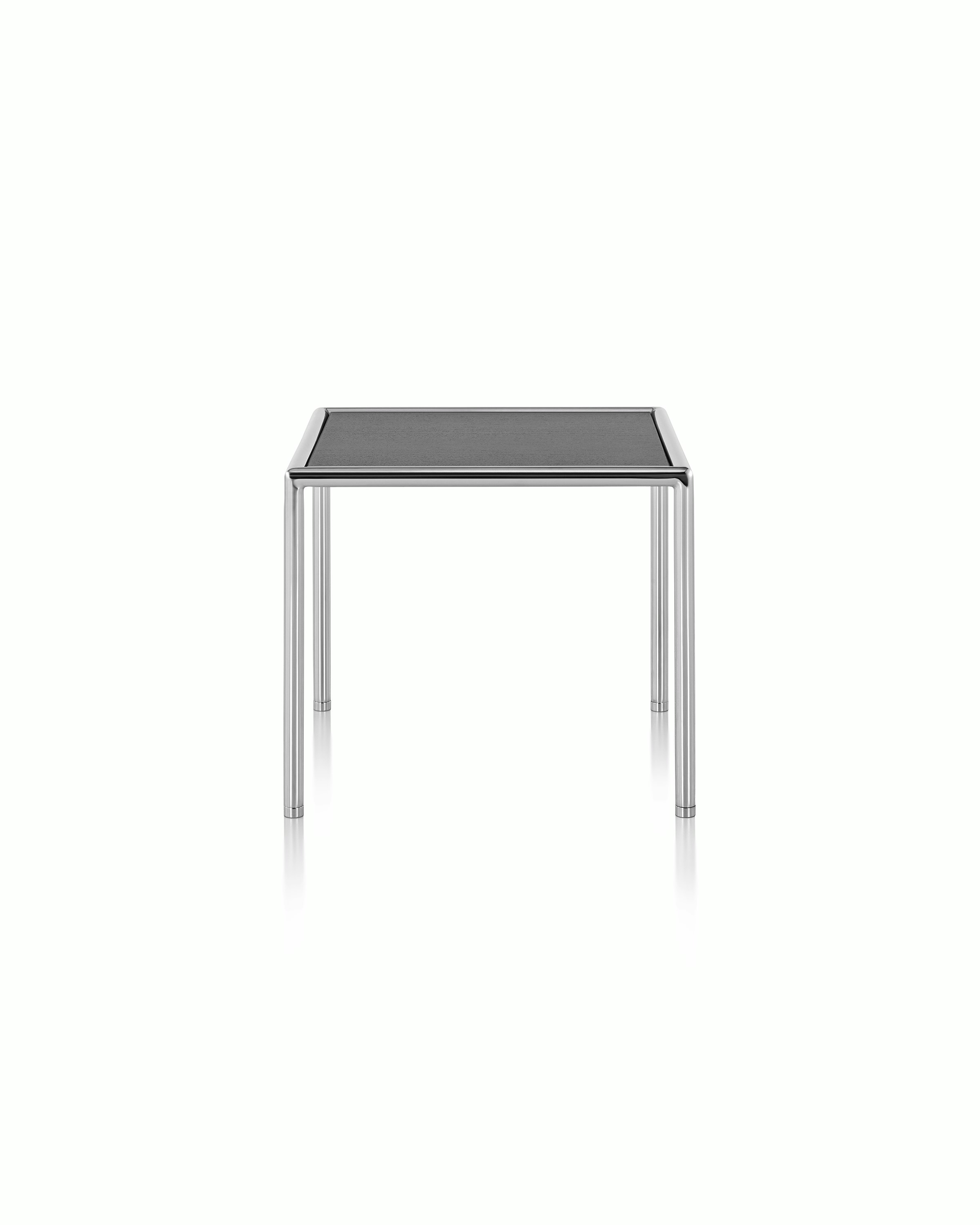 A square Full Round side table with a black wood top and tubular metal frame.