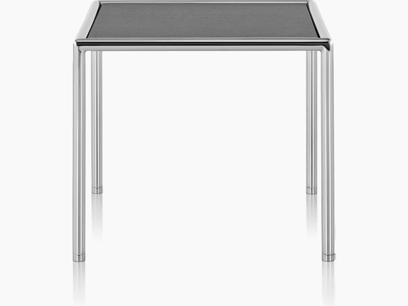 A square Full Round side table with a black wood top and tubular metal frame.