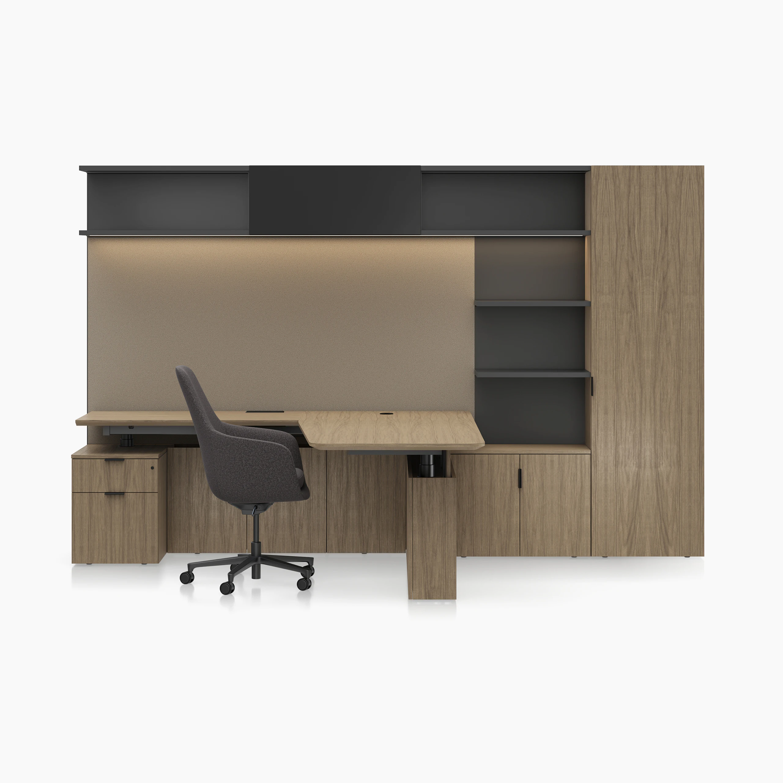 A Geiger One Private Office in Natural Flat Cut Walnut with a Saiba Office Chair viewed from the front.