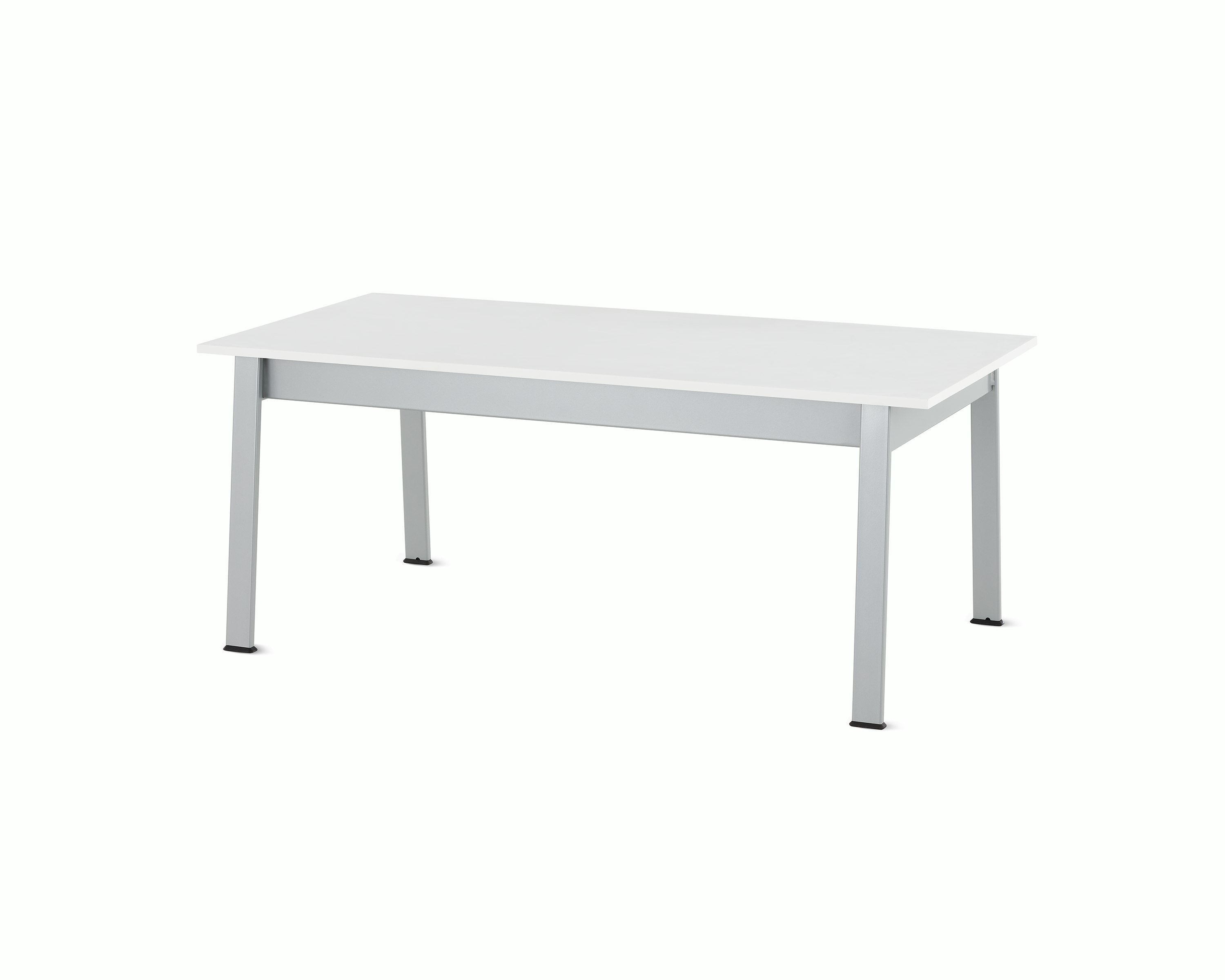Angled view of an Easton Coffee Table with a glacier white Corian top and metallic silver legs.